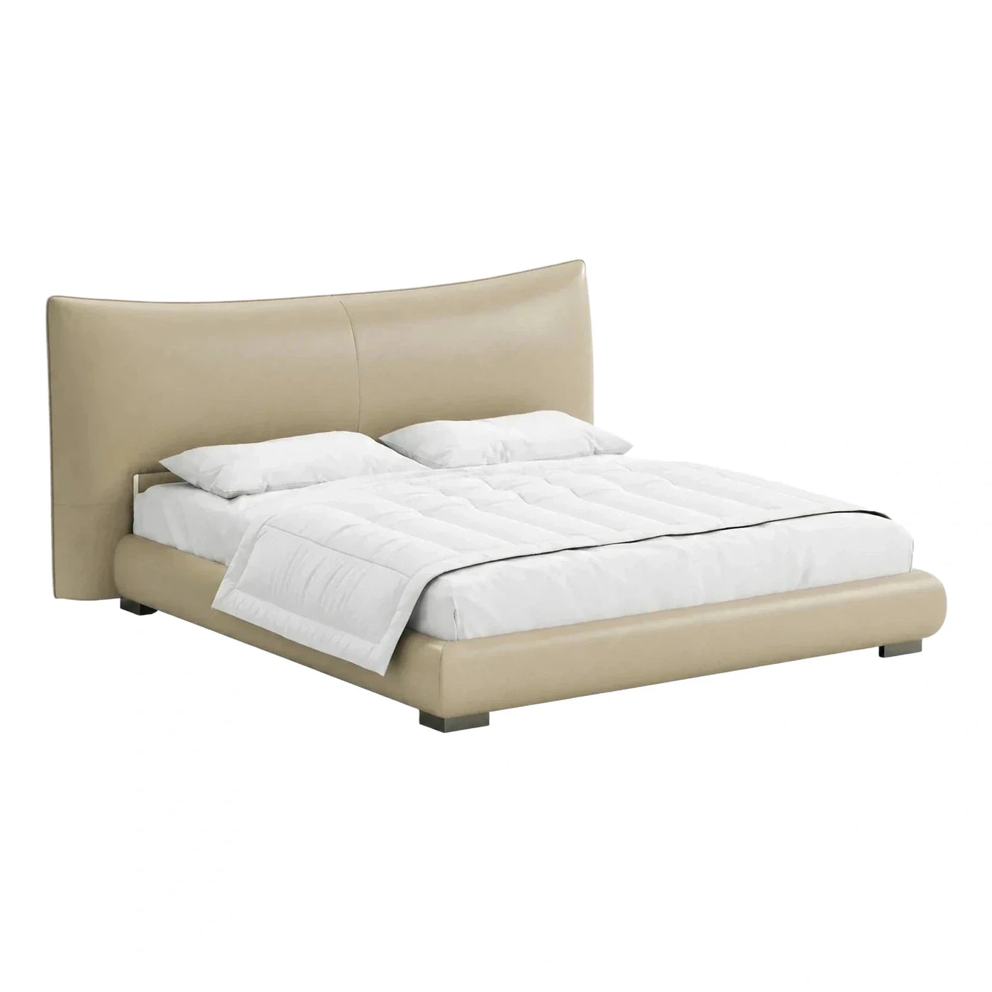 Modern Beige Leather Upholstered Platform Bed With Curved Headboard