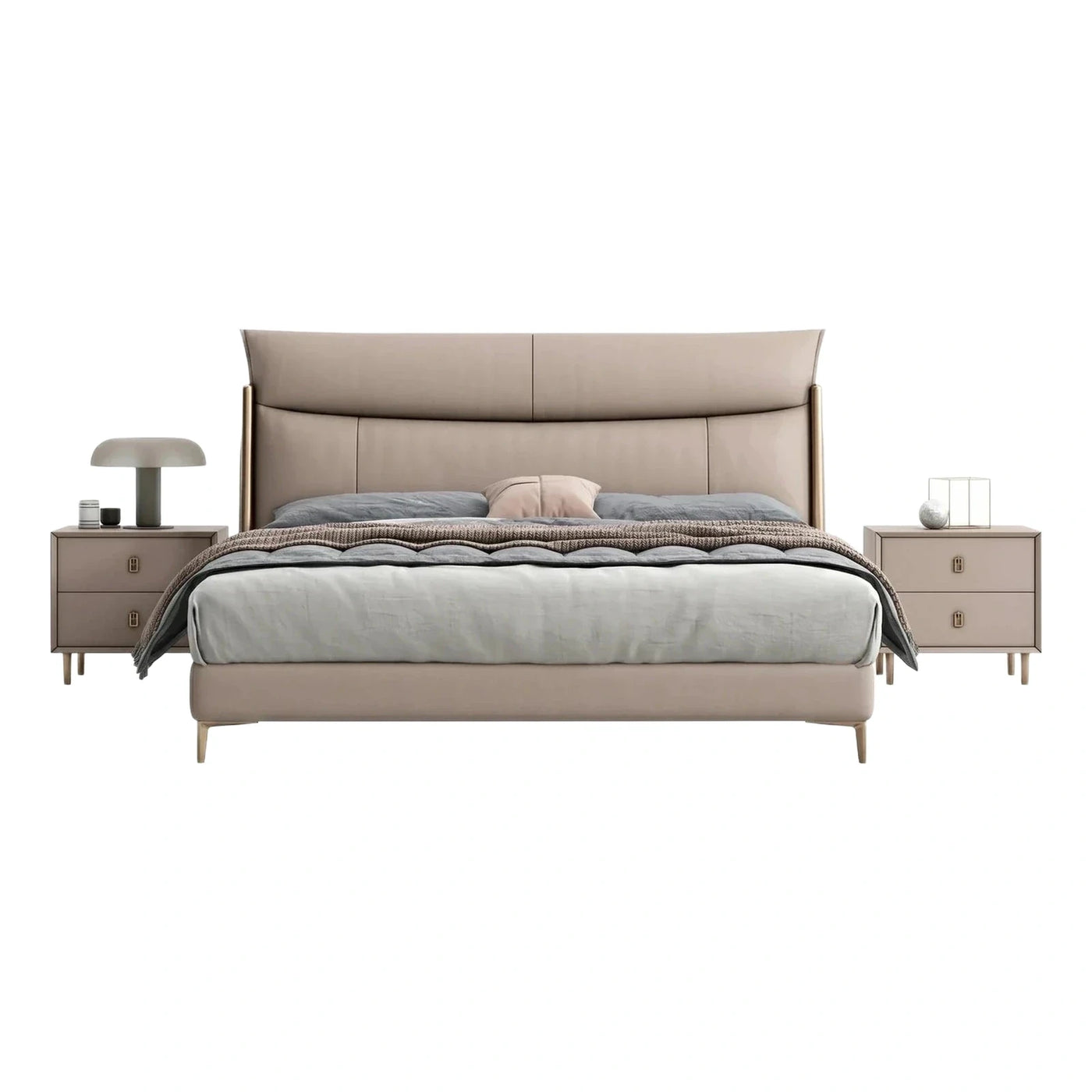 Modern Beige Upholstered Platform Bed with Gold Accents