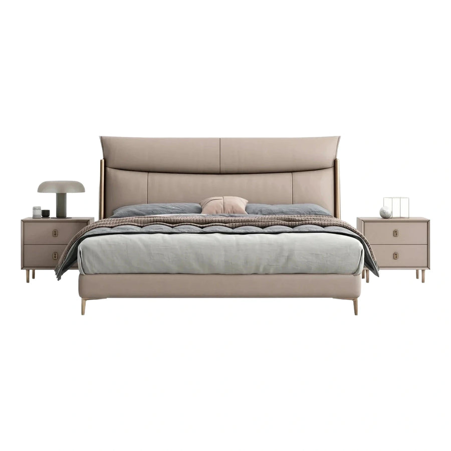 Modern Beige Upholstered Platform Bed with Gold Accents