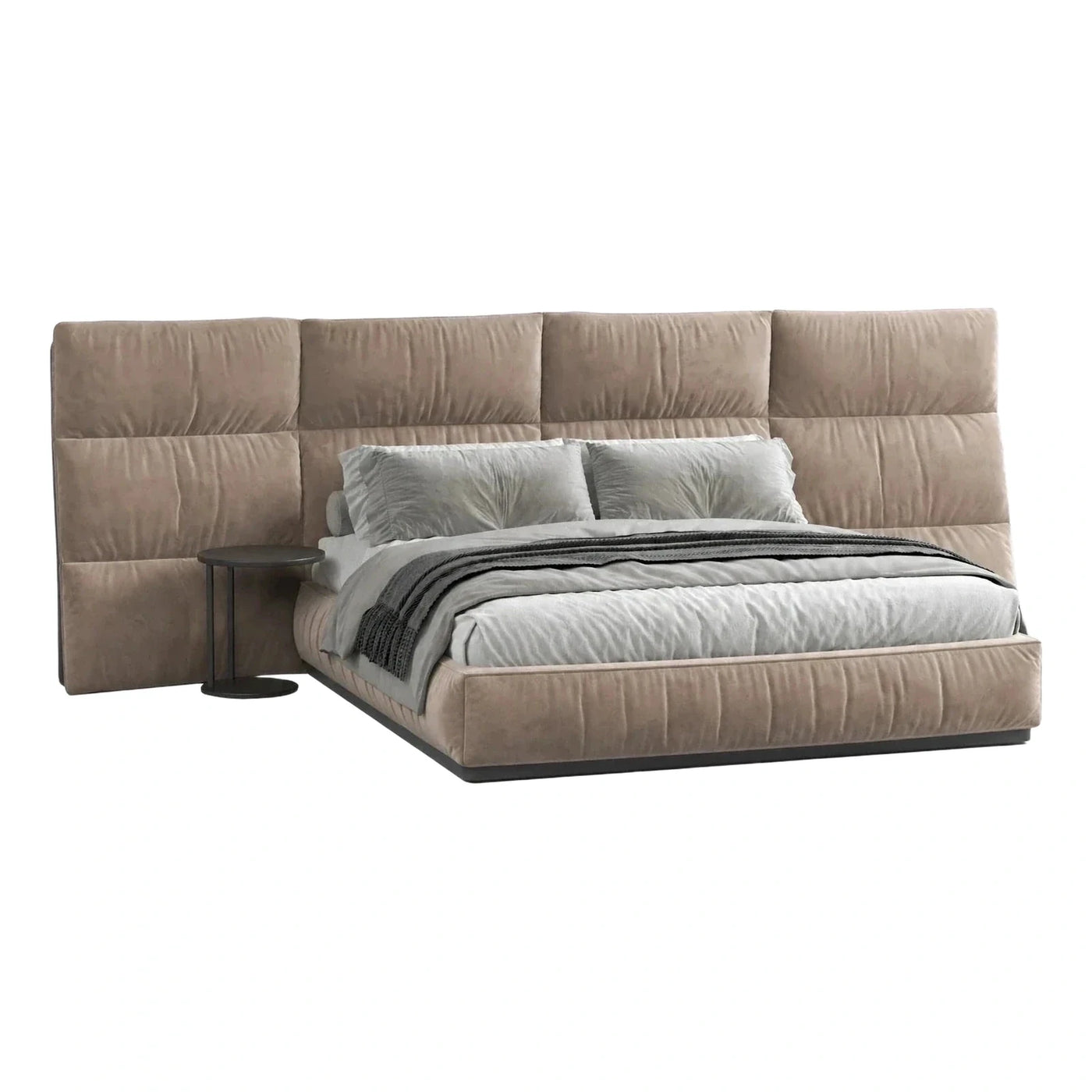 Tall Upholstered Beige Platform Bed with Side Table