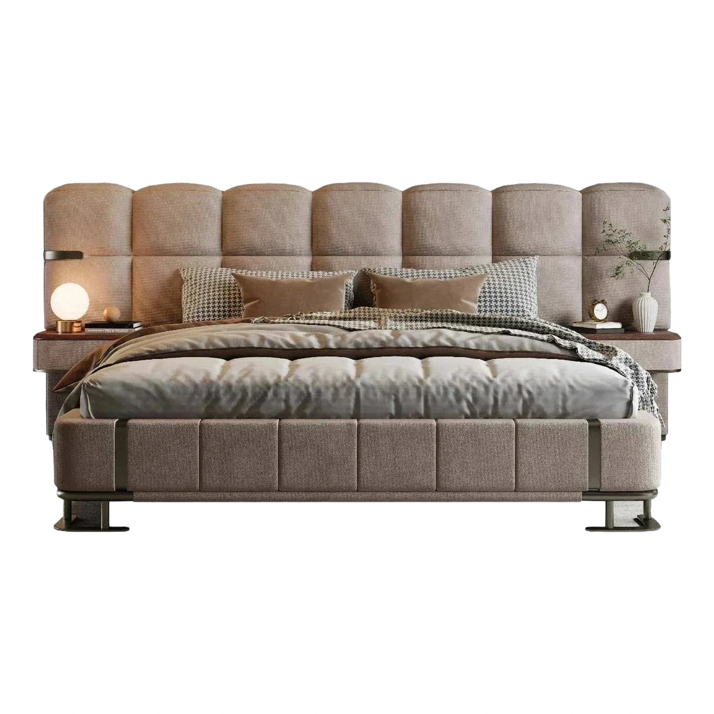 Beige Upholstered Bed with Scalloped Headboard and Integrated Nightstands