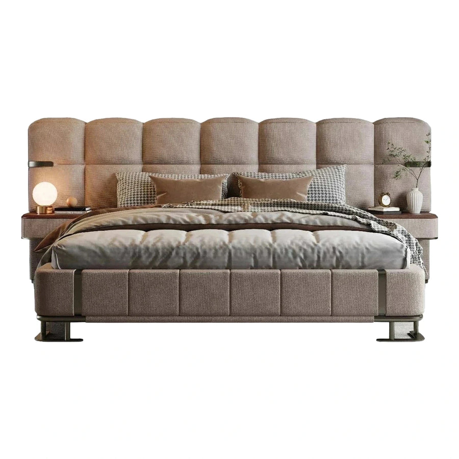 Beige Upholstered Bed with Scalloped Headboard and Integrated Nightstands