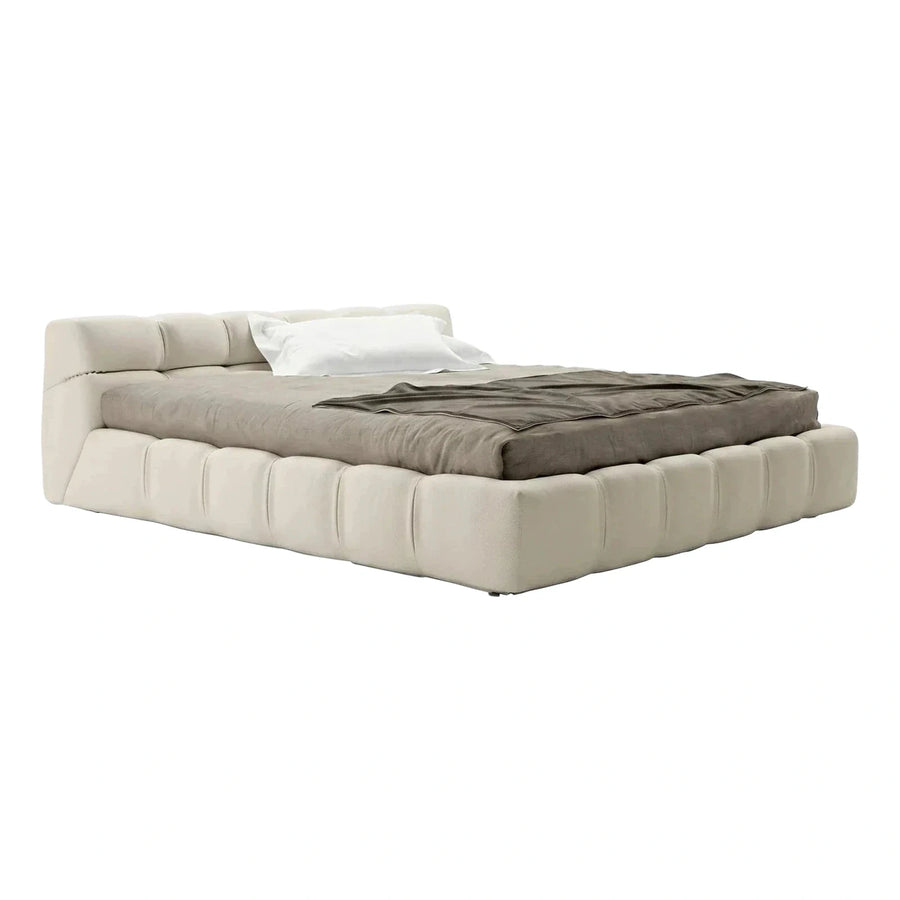 Modern Cream Upholstered Platform Bed with Channel Tufting
