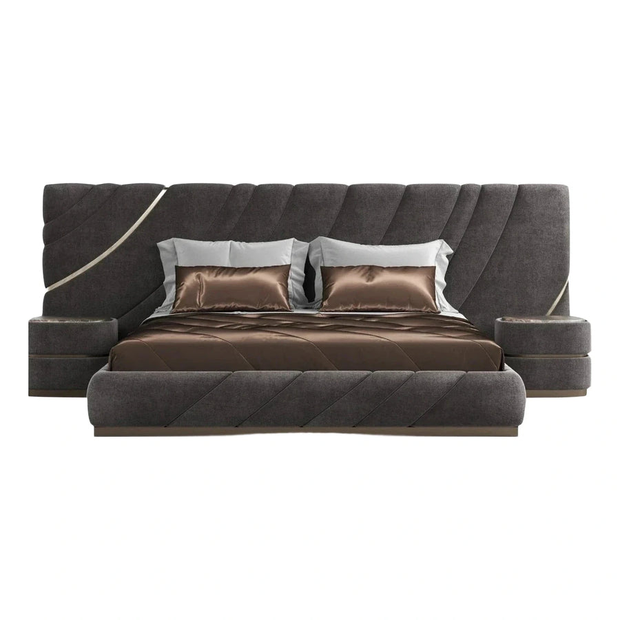Grey Upholstered Platform Bed With Diagonal Stitching