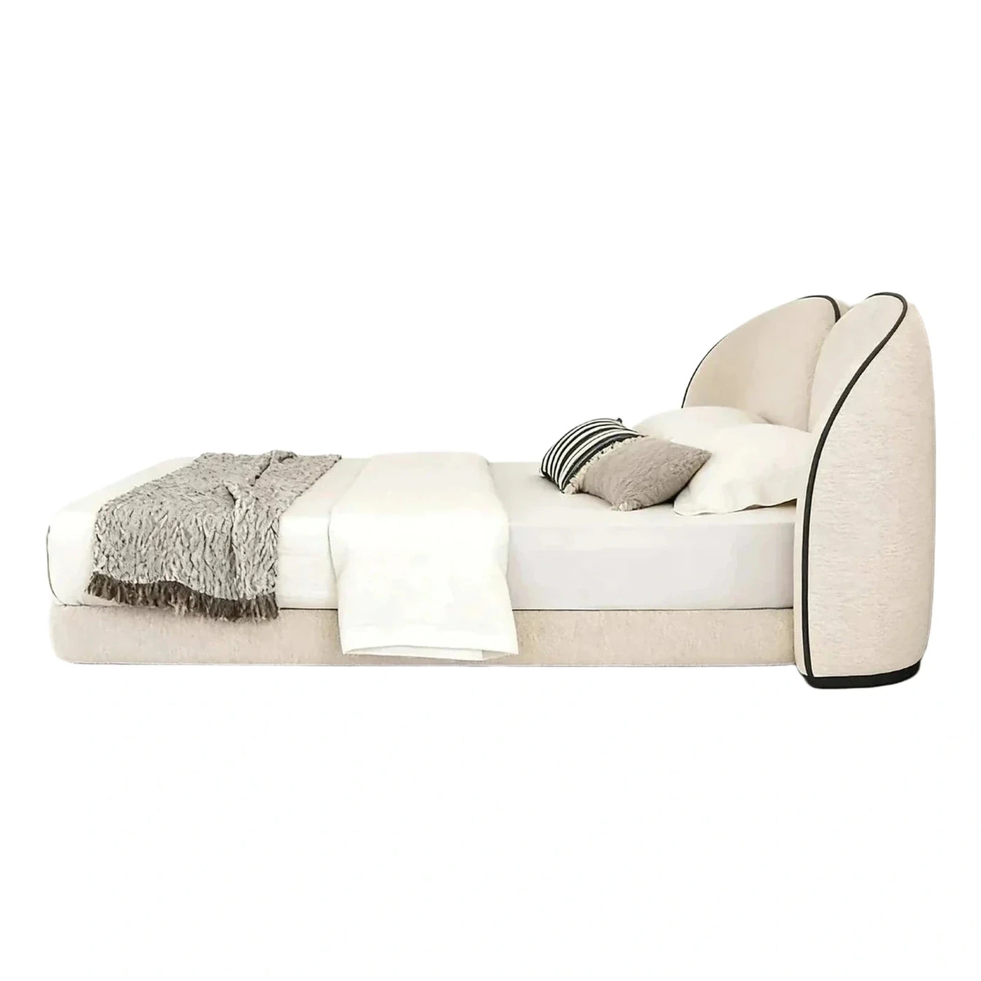 Cream Boucle Platform Bed with Curved Wing Headboard