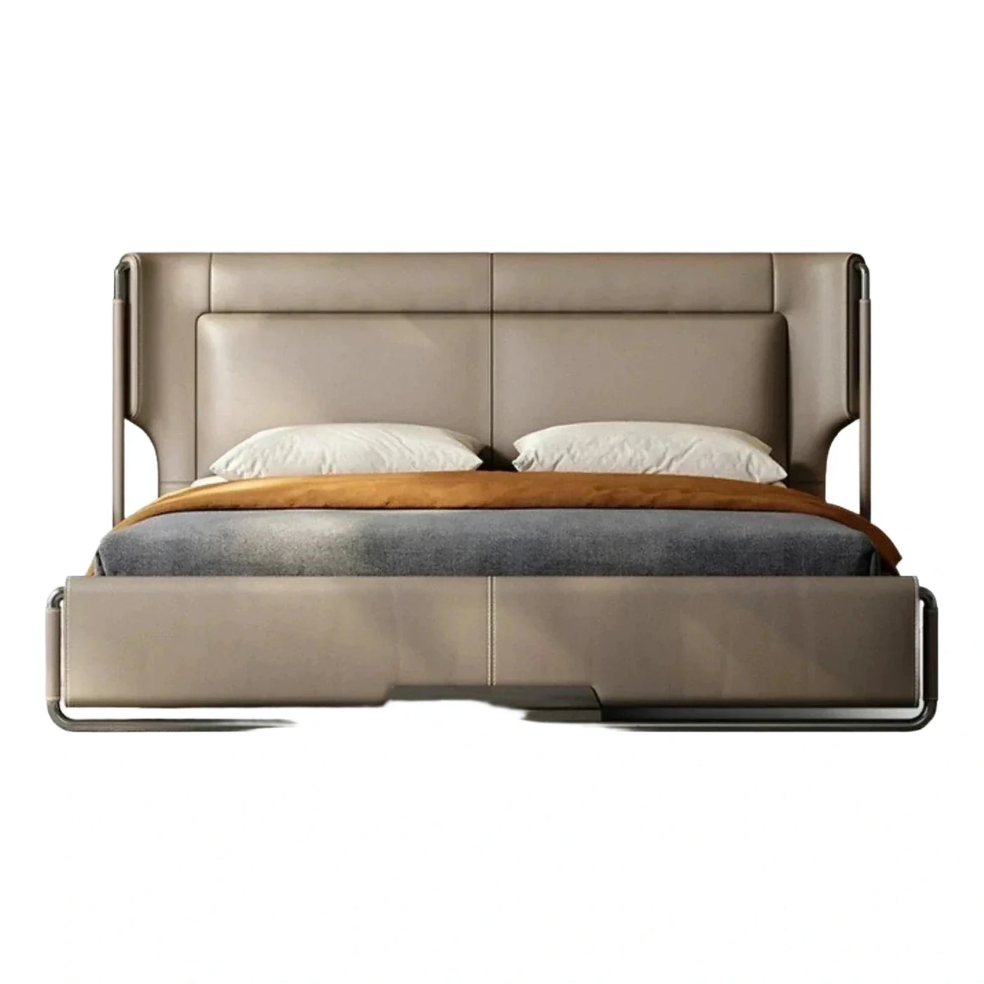 Modern Taupe Leather Platform Bed with Metal Frame