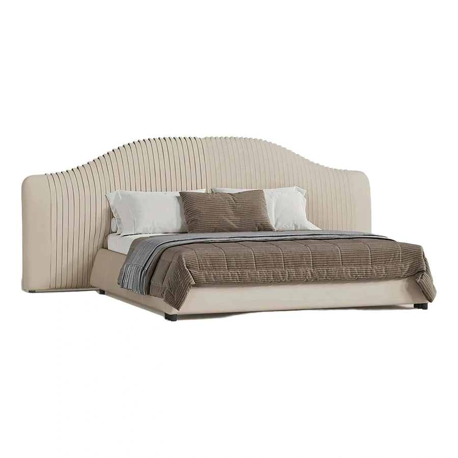 Beige Upholstered Platform Bed with Curved Channel Tufted Headboard