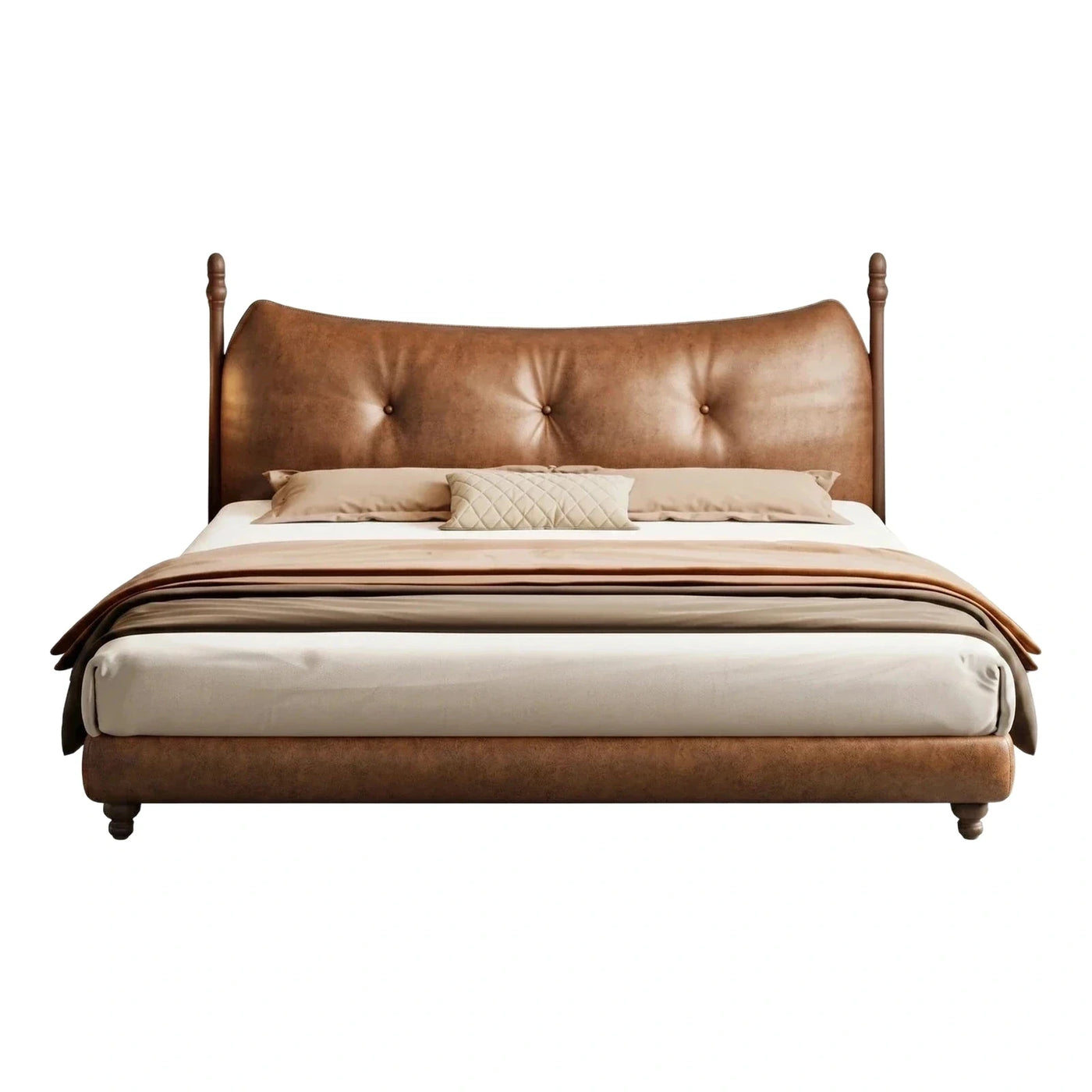 Brown Leather Tufted Bed with Wooden Posts