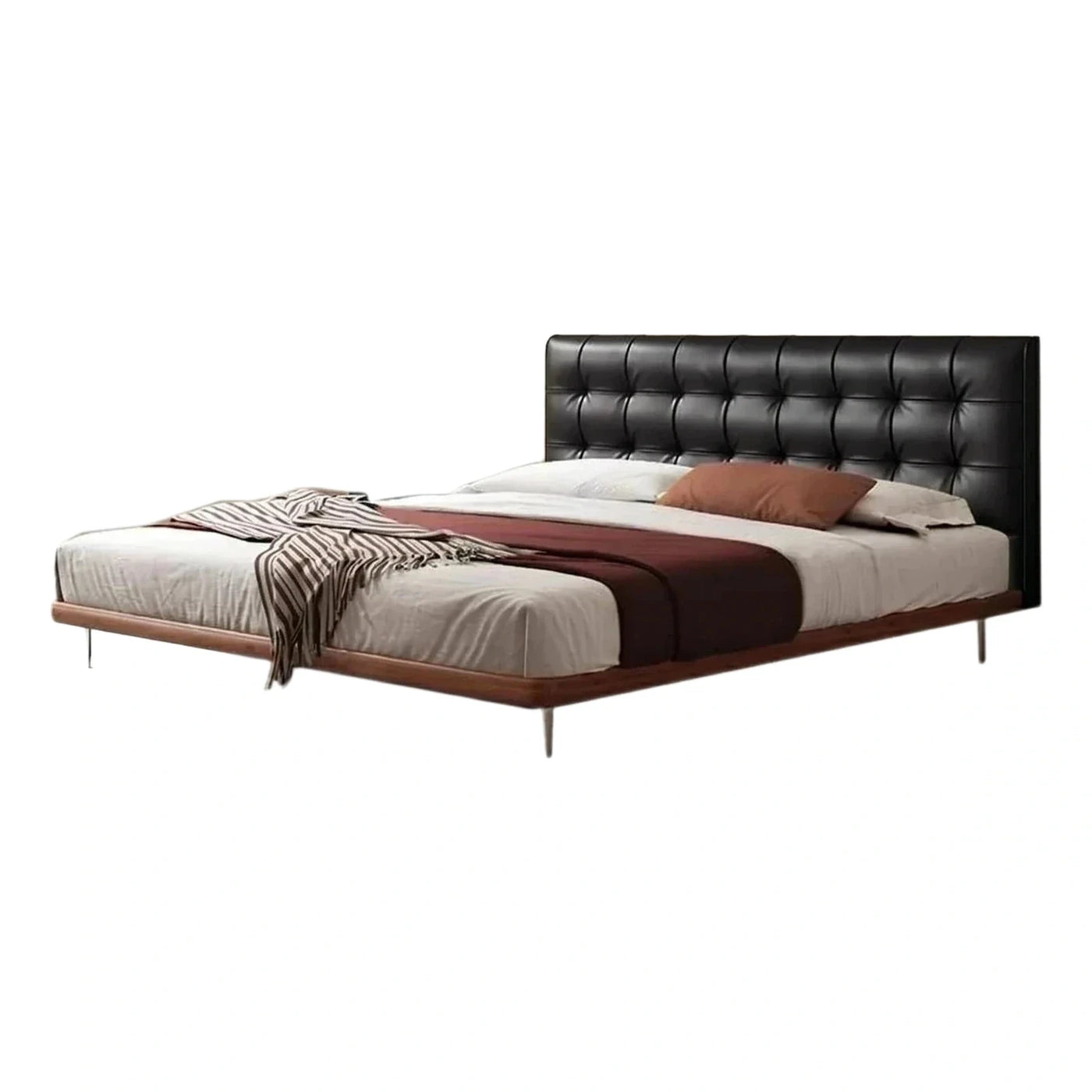 Modern Black Tufted Leather Platform Bed with Wood Frame