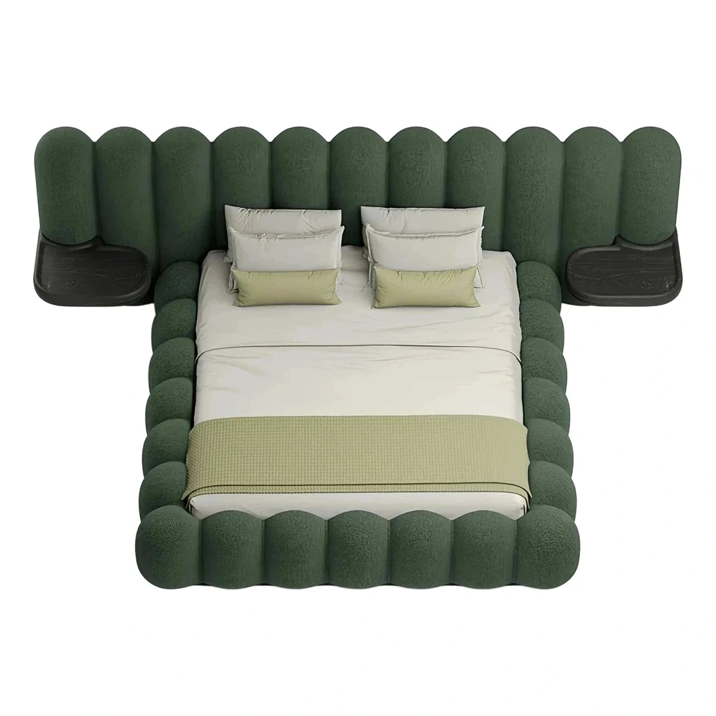 Dark Green Scalloped Upholstered Bed with Integrated Nightstands