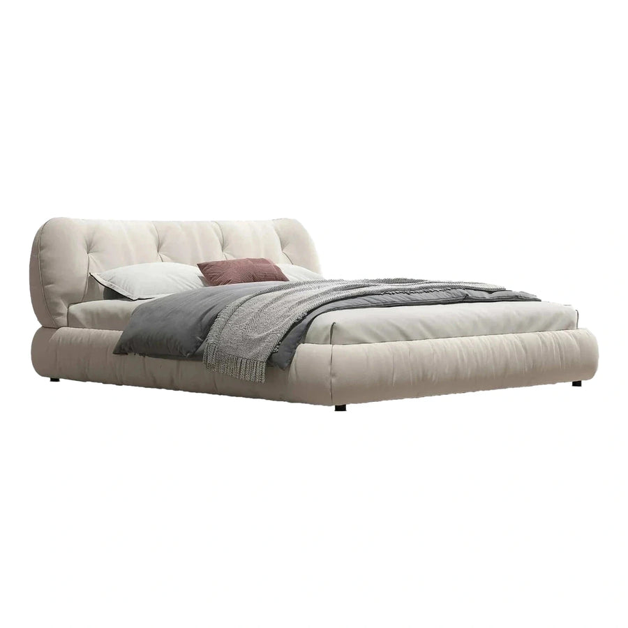 Modern Cream Upholstered Platform Bed with Tufted Headboard