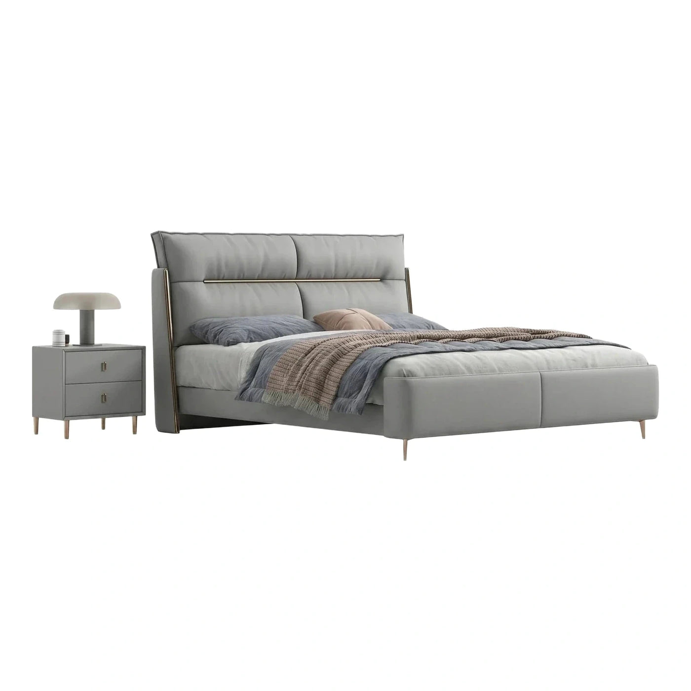 Modern Grey Upholstered Bed with Gold Metal Accents