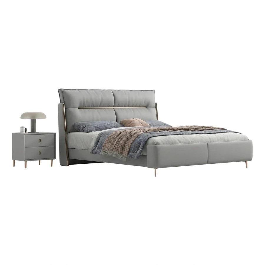 Modern Grey Upholstered Bed with Gold Metal Accents