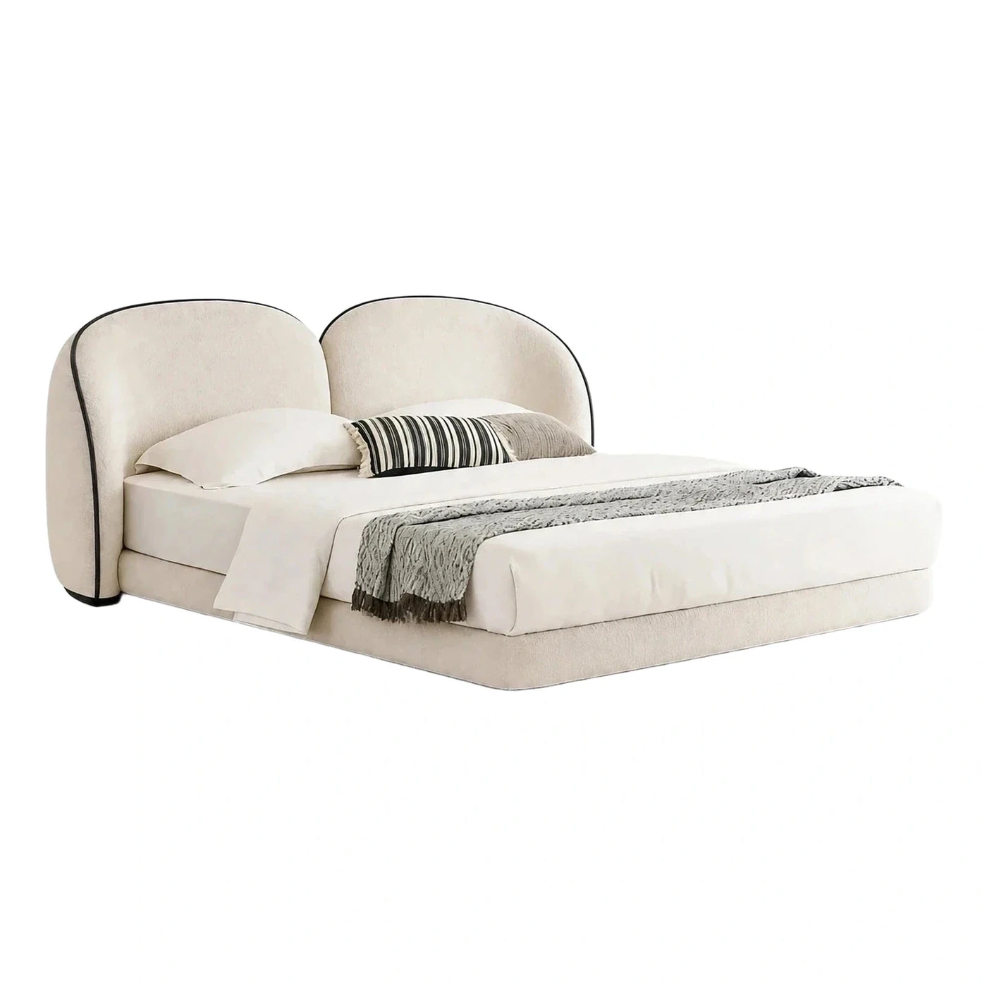 Cream Upholstered Platform Bed with Split Headboard