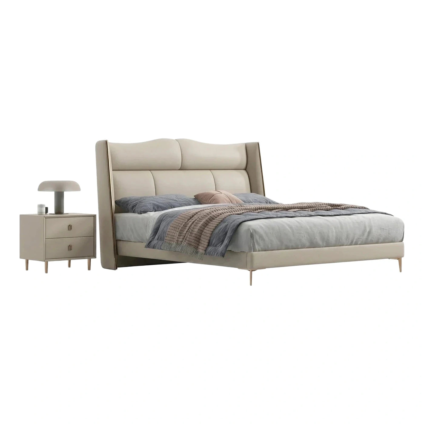 Cream Upholstered Bed with Gold Metal Trim
