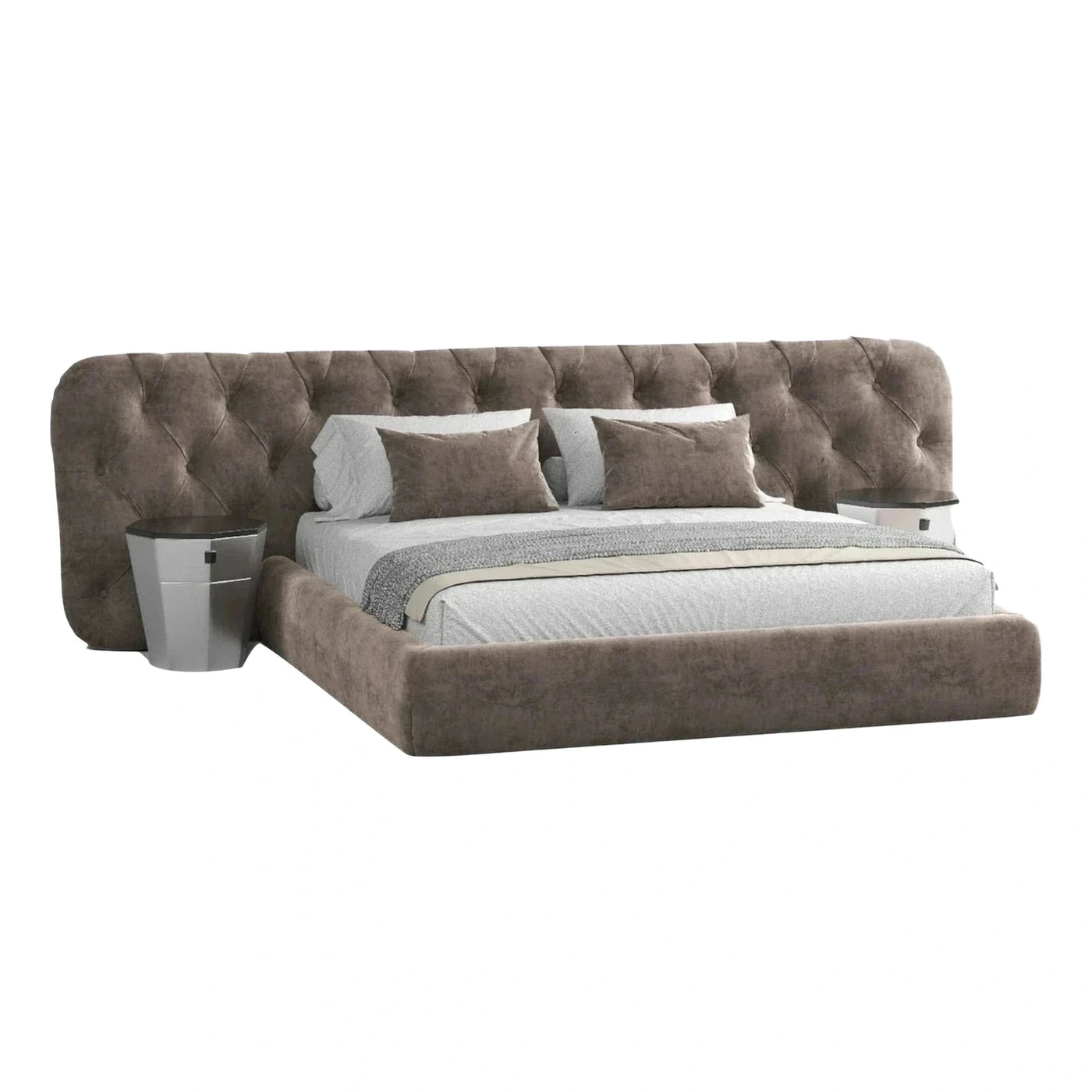Tufted Velvet Platform Bed with Integrated Nightstands