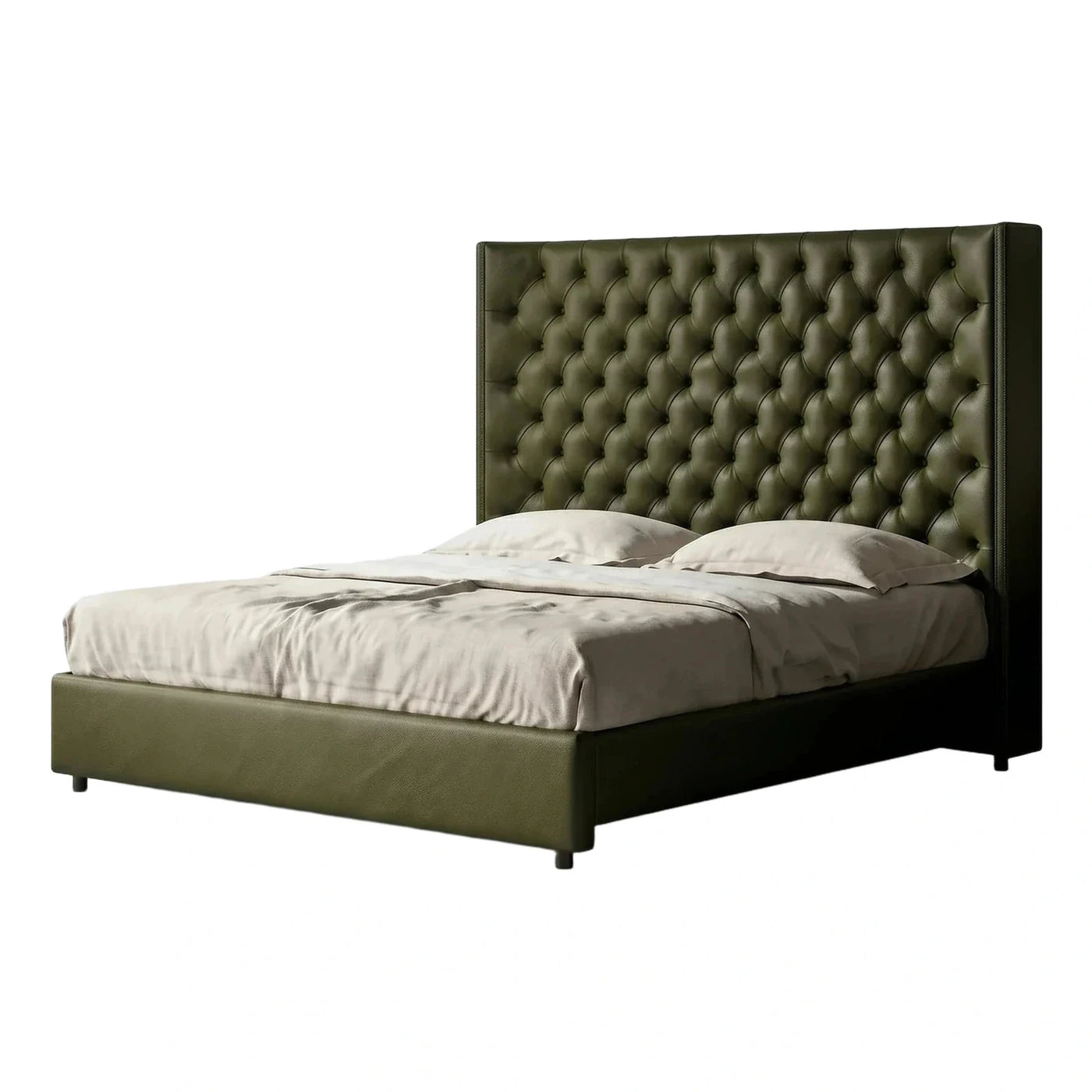 Olive Green Tufted Leather Upholstered Platform Bed