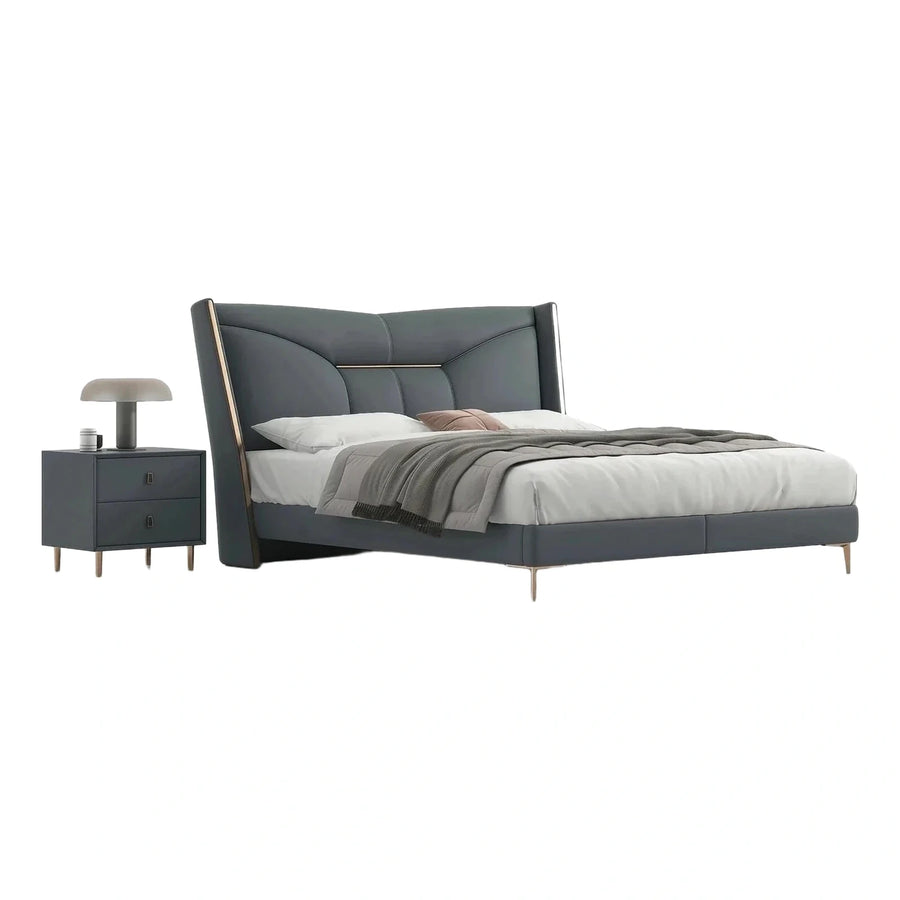 Grey Upholstered Wingback Bed with Brass Accents