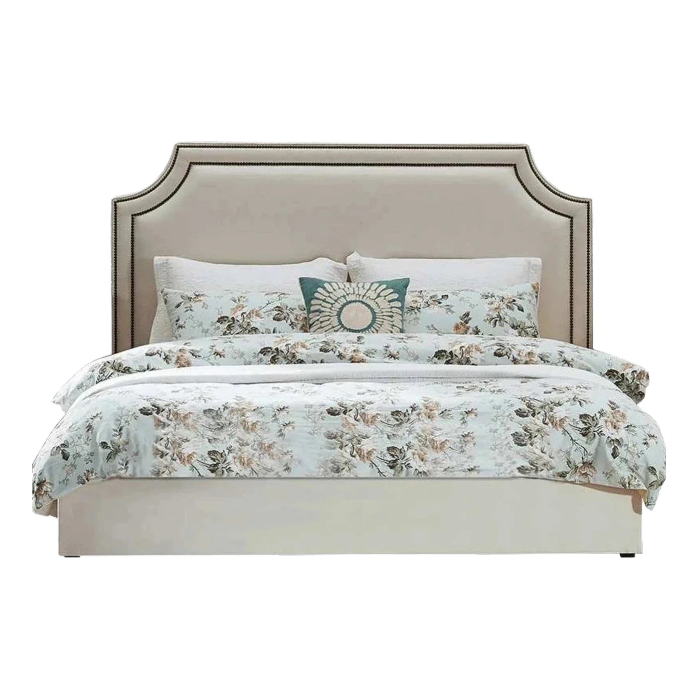 Beige Upholstered Bed with Curved Nailhead Headboard