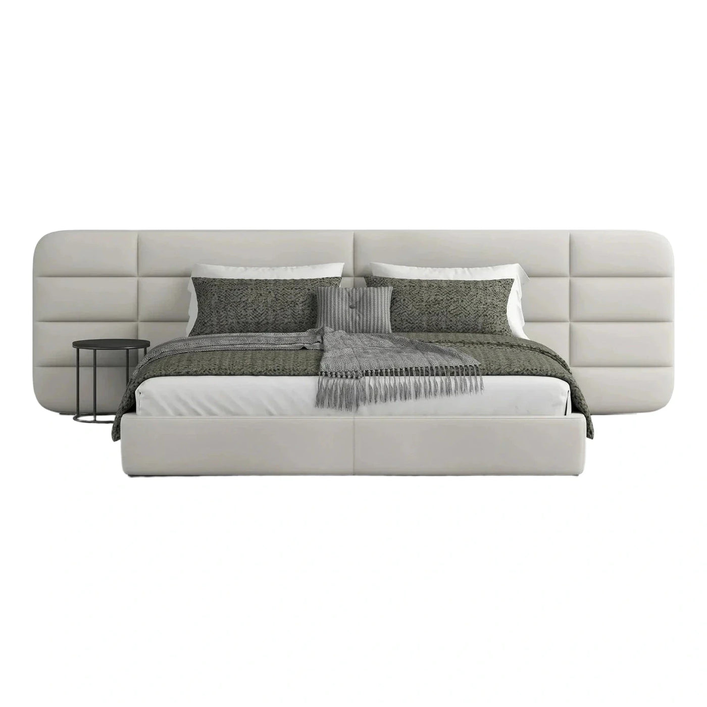 Cream Leather Platform Bed With Wide Panel Headboard
