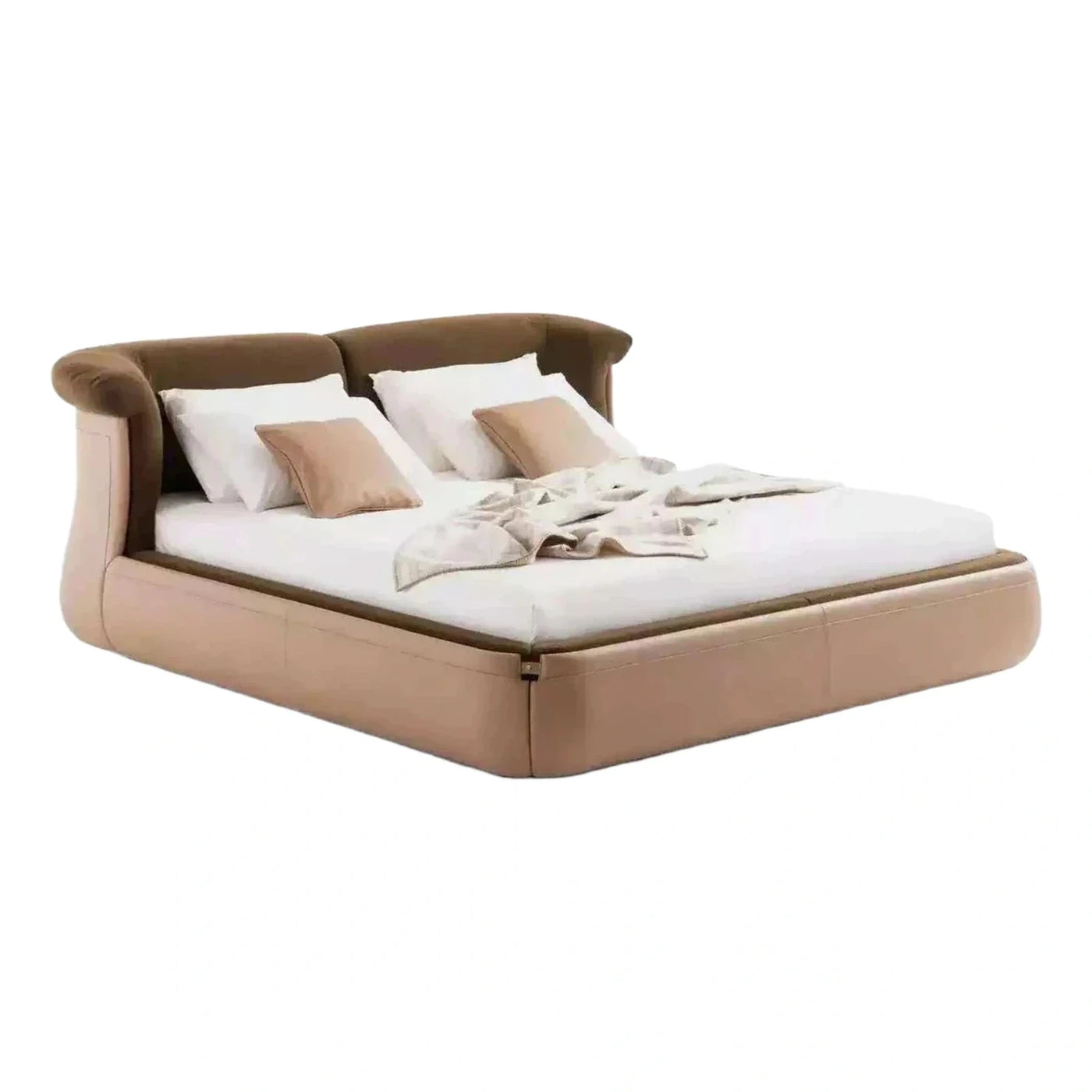 Beige and Brown Upholstered Platform Bed with Winged Headboard