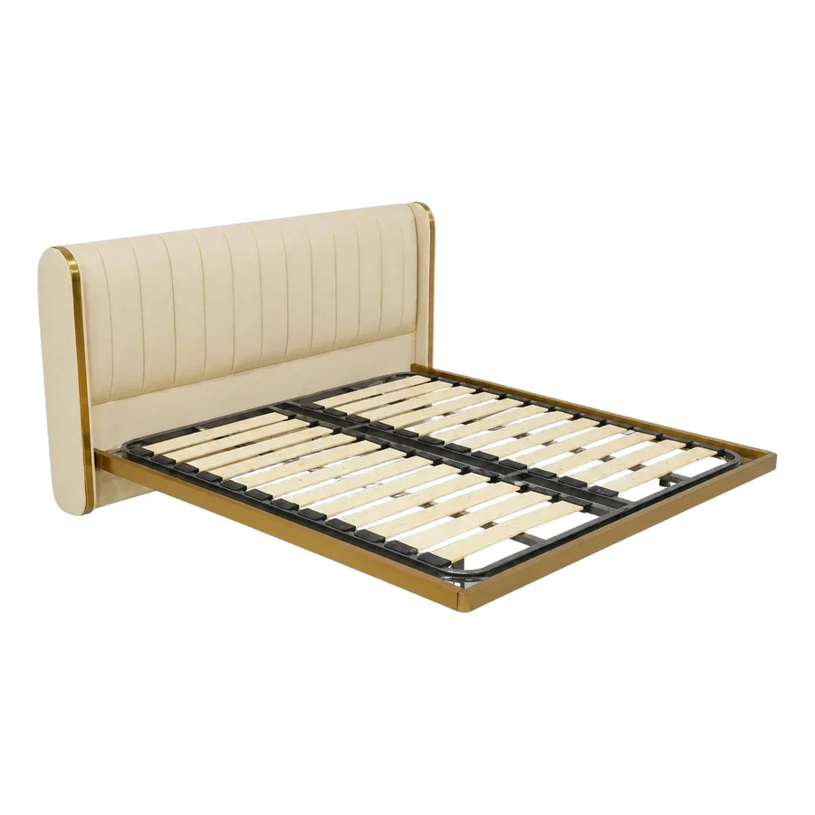 Cream Upholstered Bed Frame with Gold Metal Base