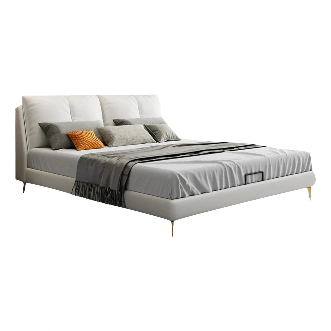 Modern White Upholstered Platform Bed with Gold Legs