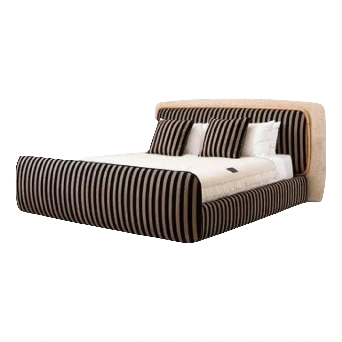 Curved Striped Upholstered Platform Bed with Cream Frame