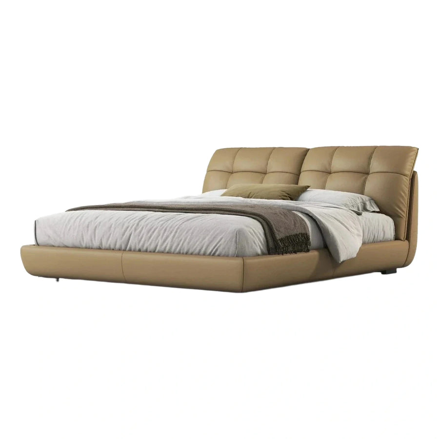 Modern Tan Leather Upholstered Platform Bed with Tufted Headboard
