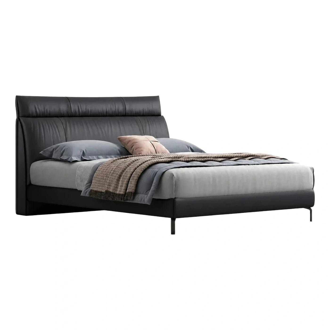 Modern Black Leather Upholstered Platform Bed