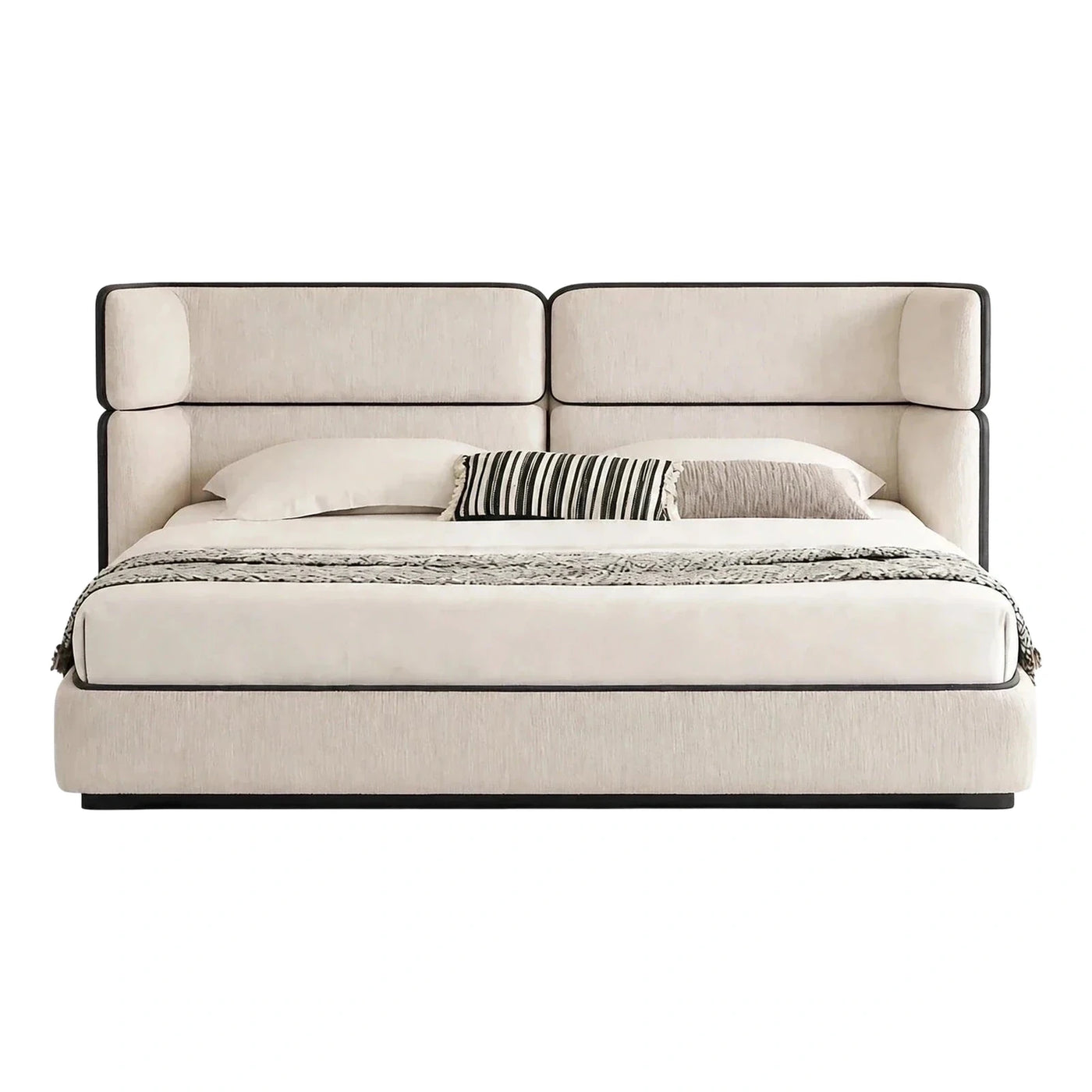 Modern Cream Upholstered Platform Bed with Black Trim