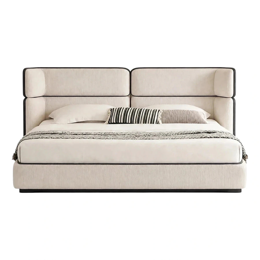 Modern Cream Upholstered Platform Bed with Black Trim