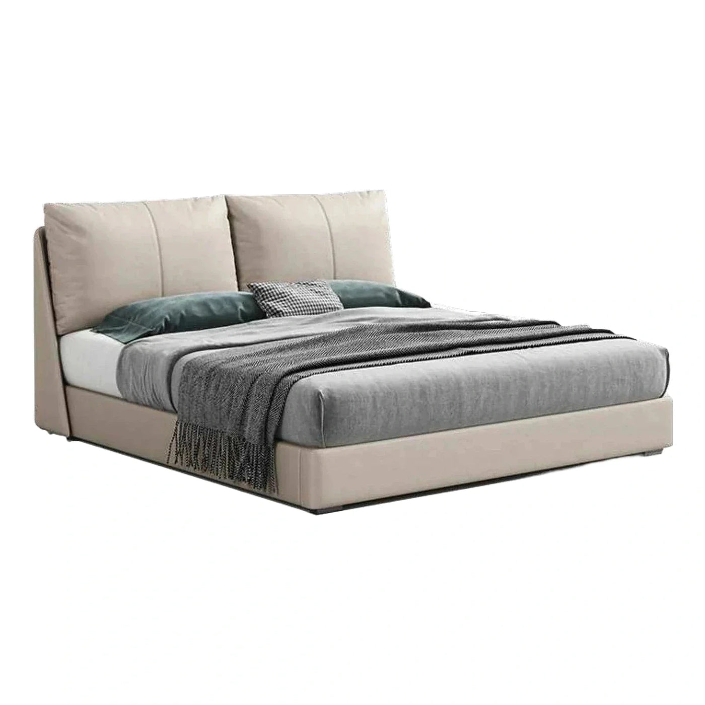 Modern Beige Upholstered Platform Bed with Dual Cushion Headboard