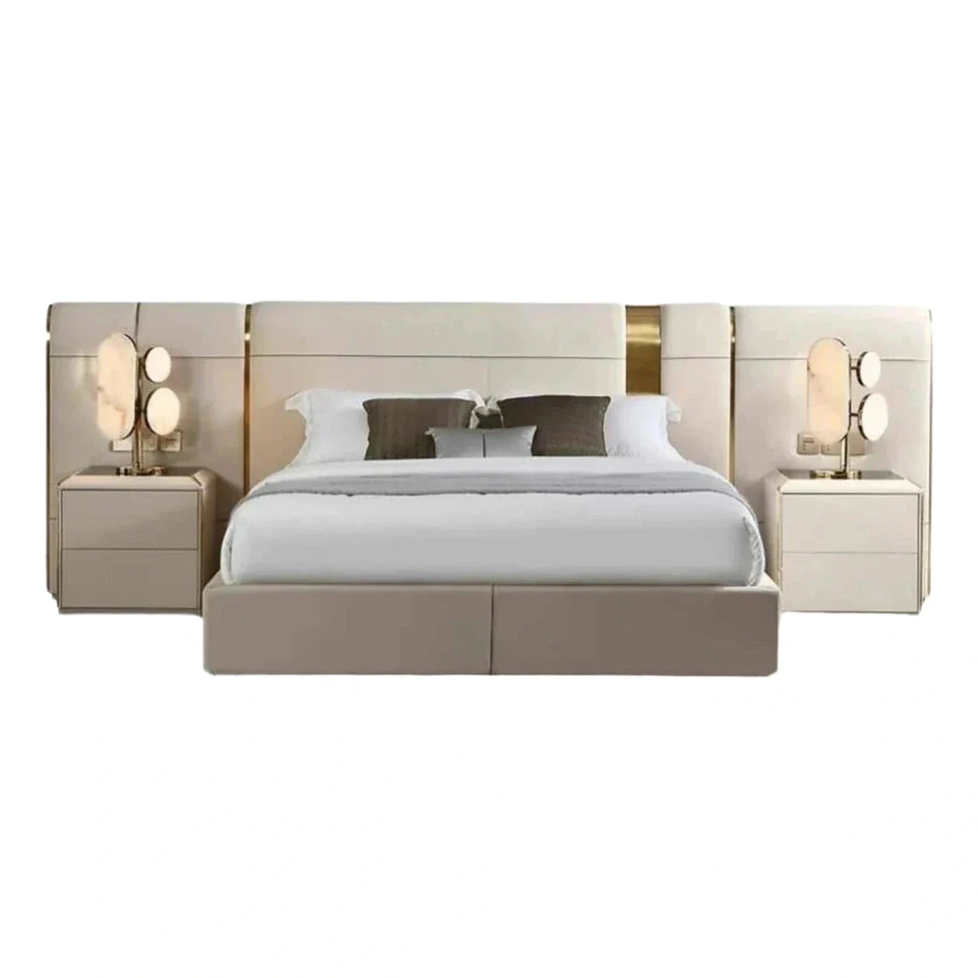 Luxury Cream Upholstered Bed with Integrated Nightstands