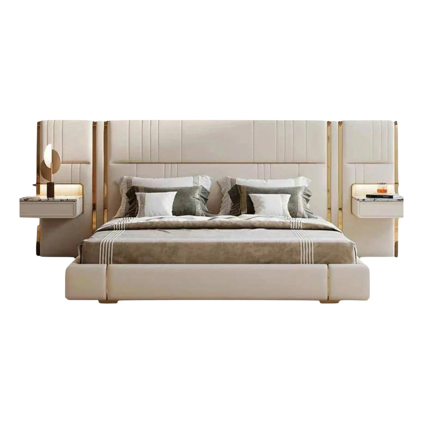 Luxury Cream Upholstered Bed with Integrated Nightstands