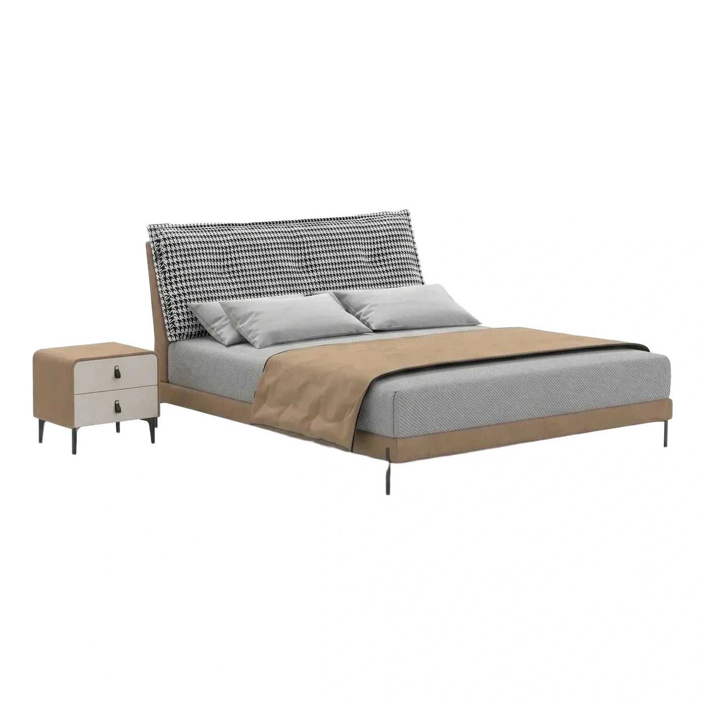 Modern Beige Bed and Nightstand Set with Houndstooth Headboard