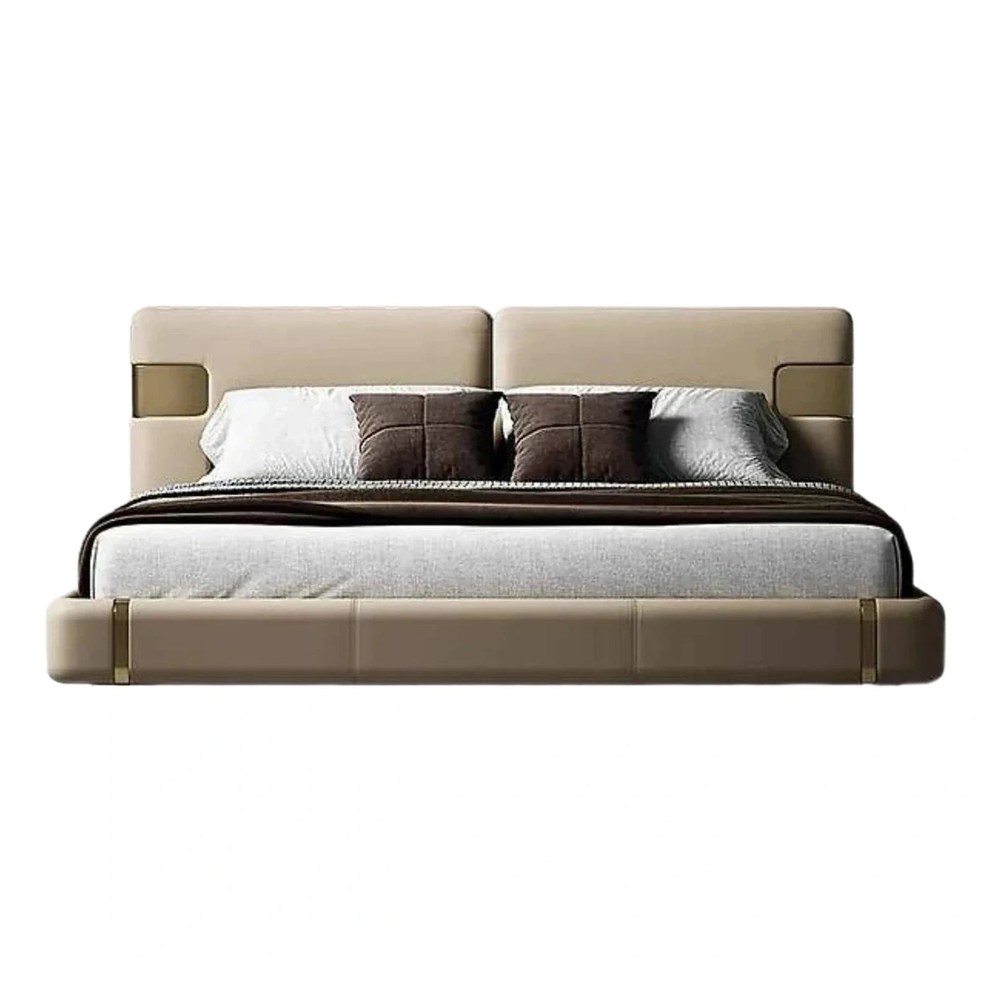 Modern Beige Leather Platform Bed with Gold Accents