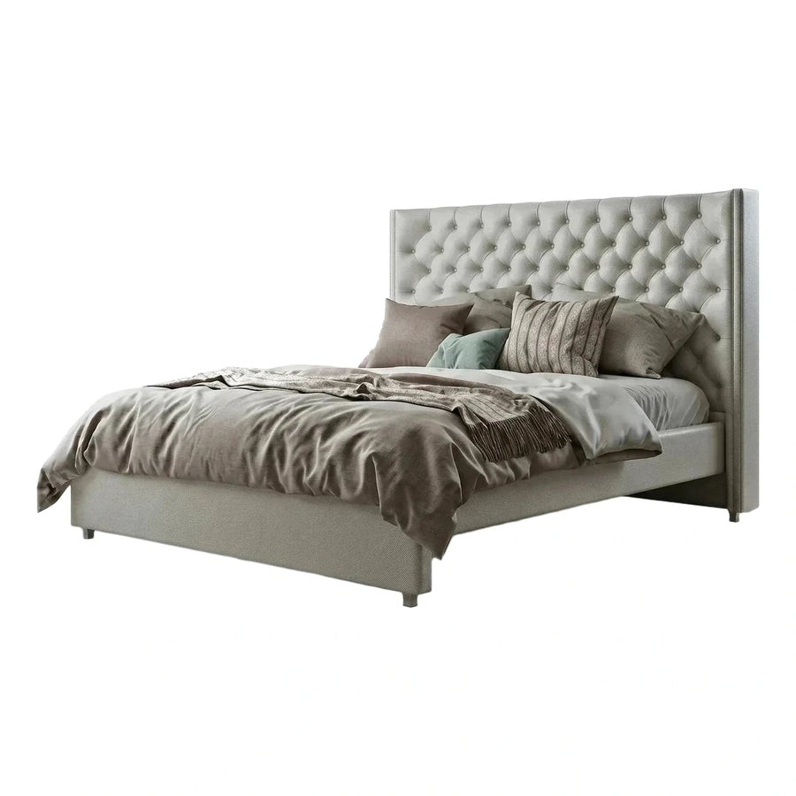 Grey Upholstered Tufted Wingback Platform Bed Frame