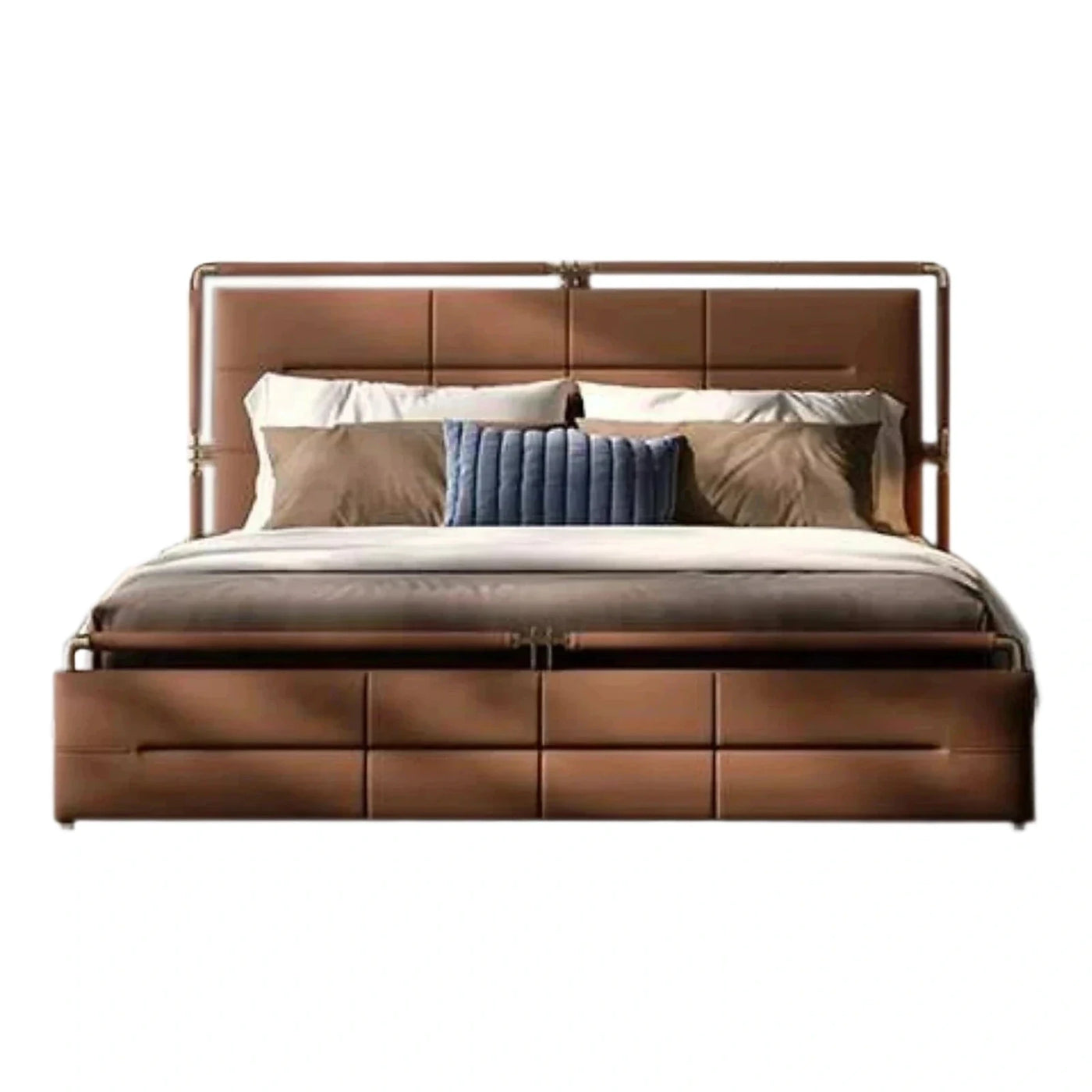 Brown Leather Upholstered Bed with Gold Metal Frame