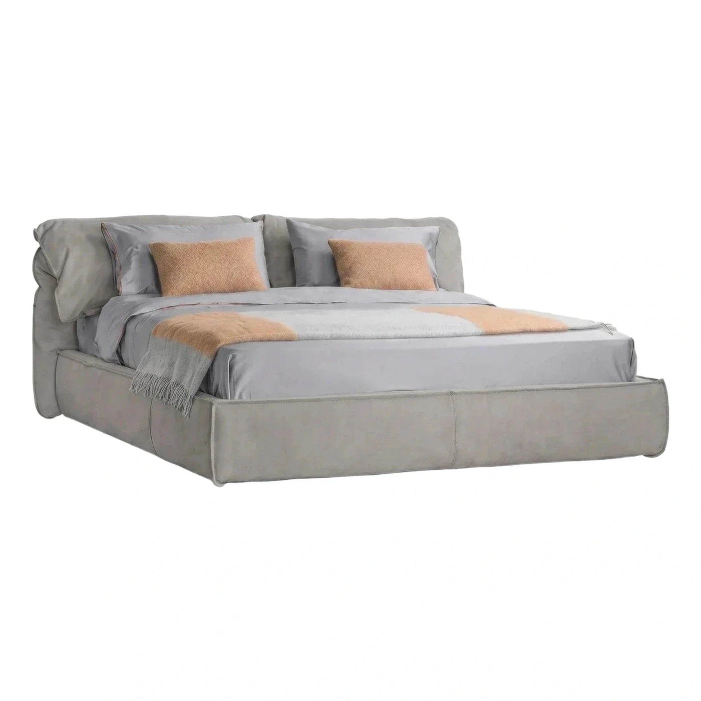 Modern Grey Upholstered Platform Bed With Padded Headboard