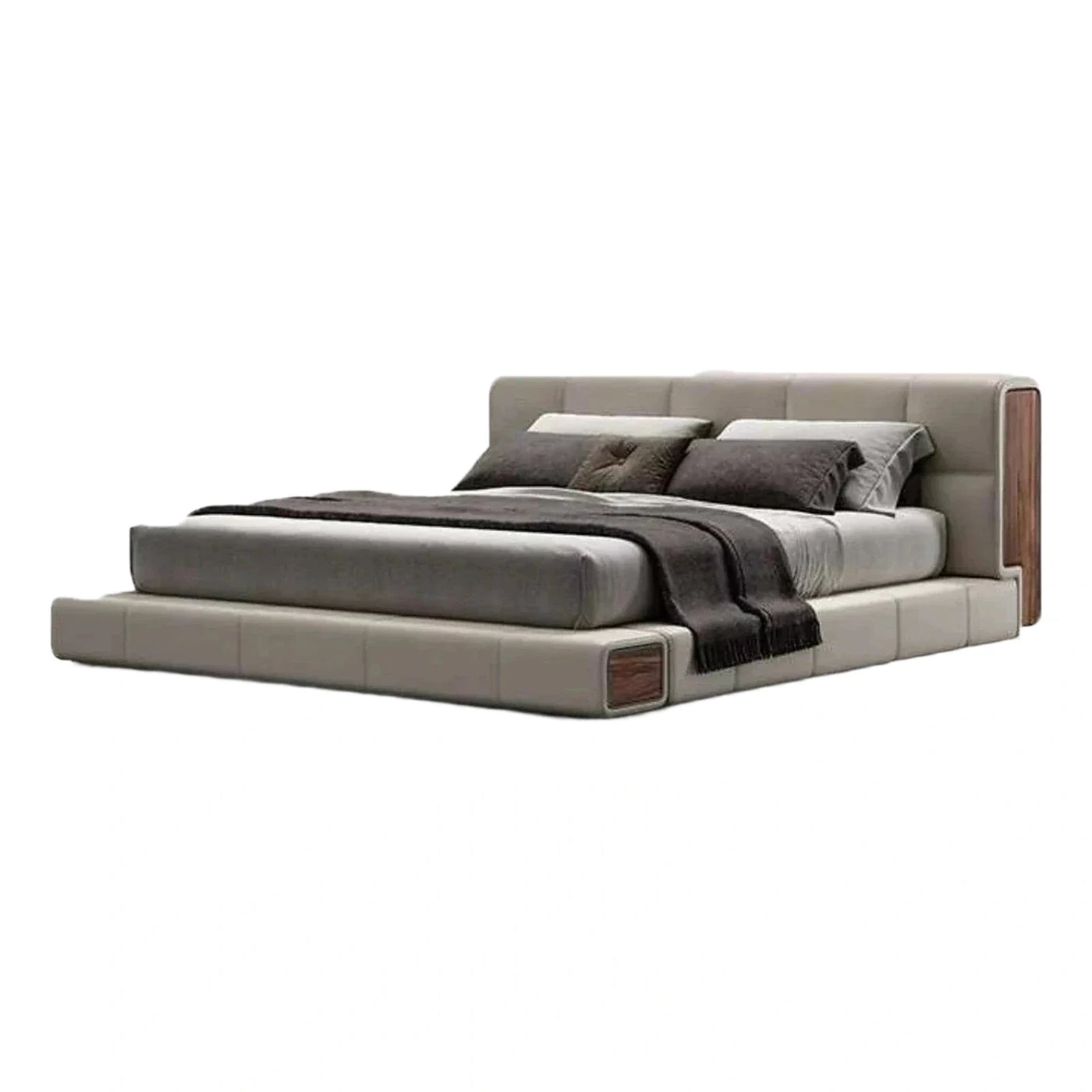 Modern Grey Upholstered Platform Bed with Wood Accents