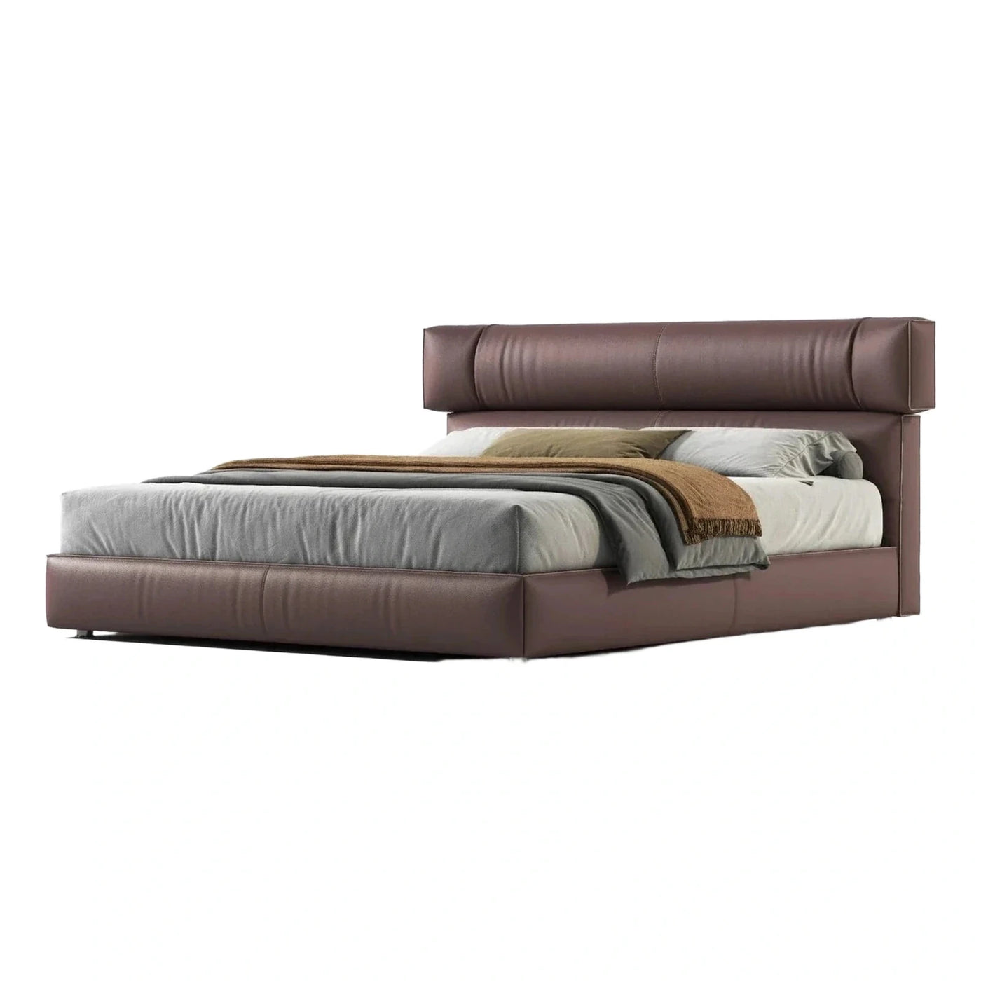 Modern Brown Leather Platform Bed with Wide Headboard