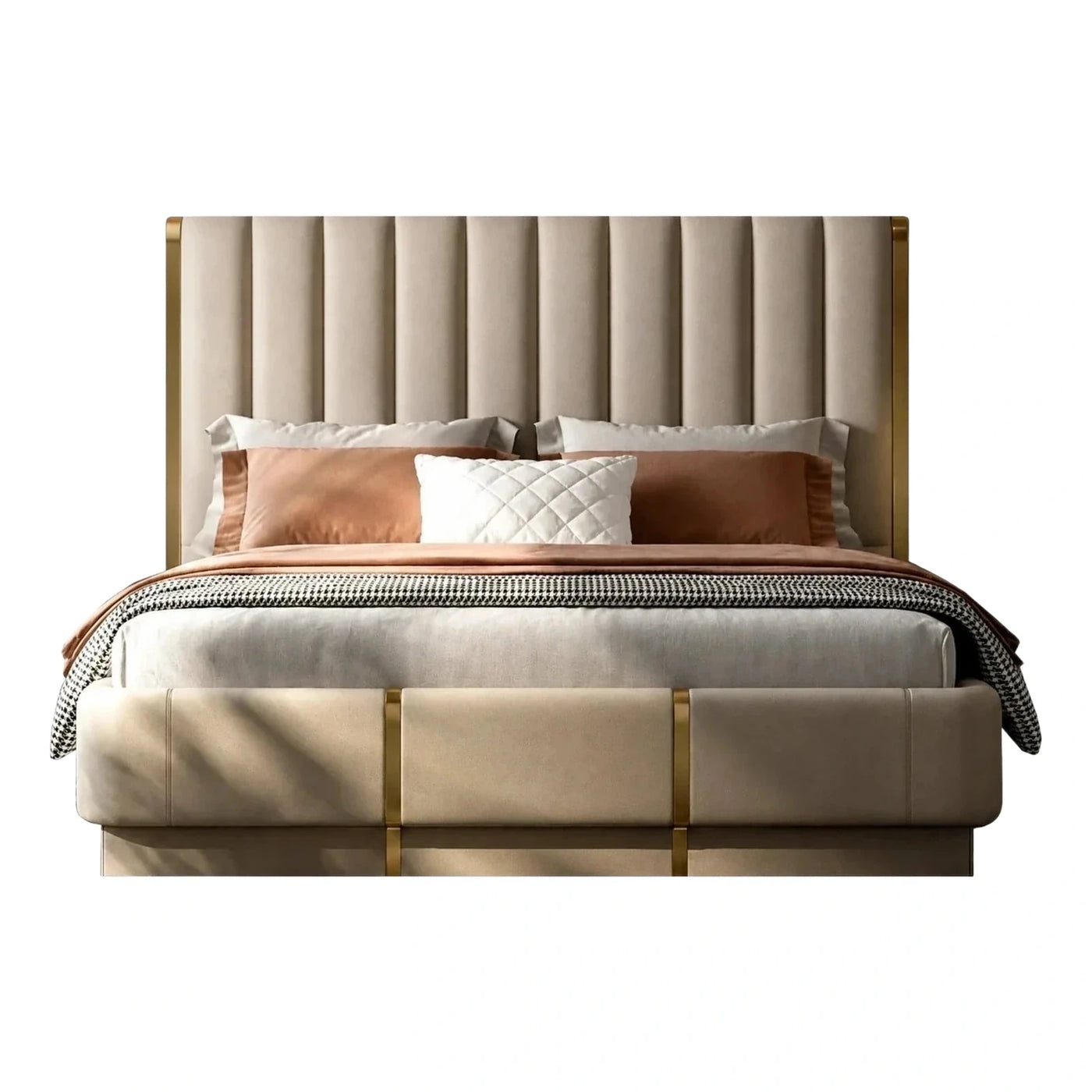Beige Upholstered Bed with Gold Metal Accents
