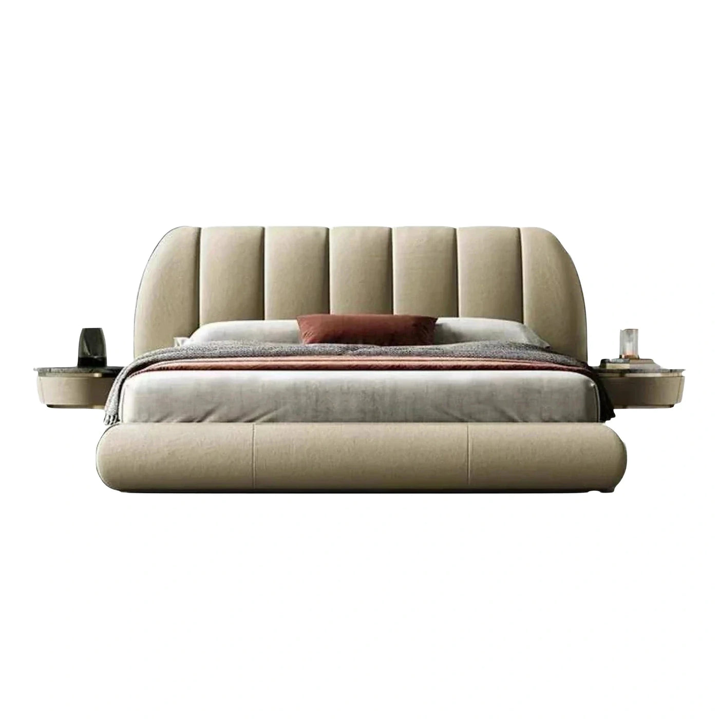 Luxury Beige Channel Tufted Bed with Floating Nightstands