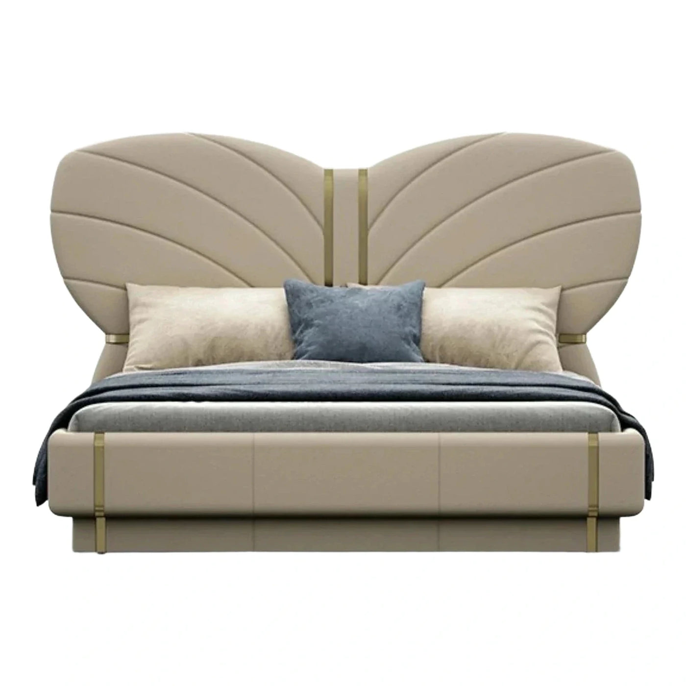 Cream Upholstered Platform Bed with Gold Accents