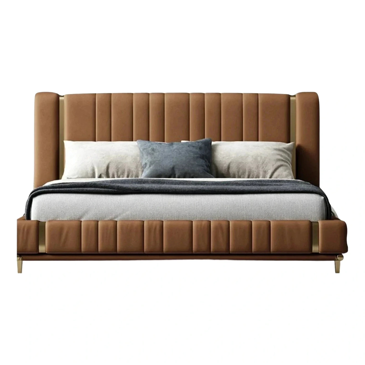 Brown Leather Channel Tufted Platform Bed with Gold Accents