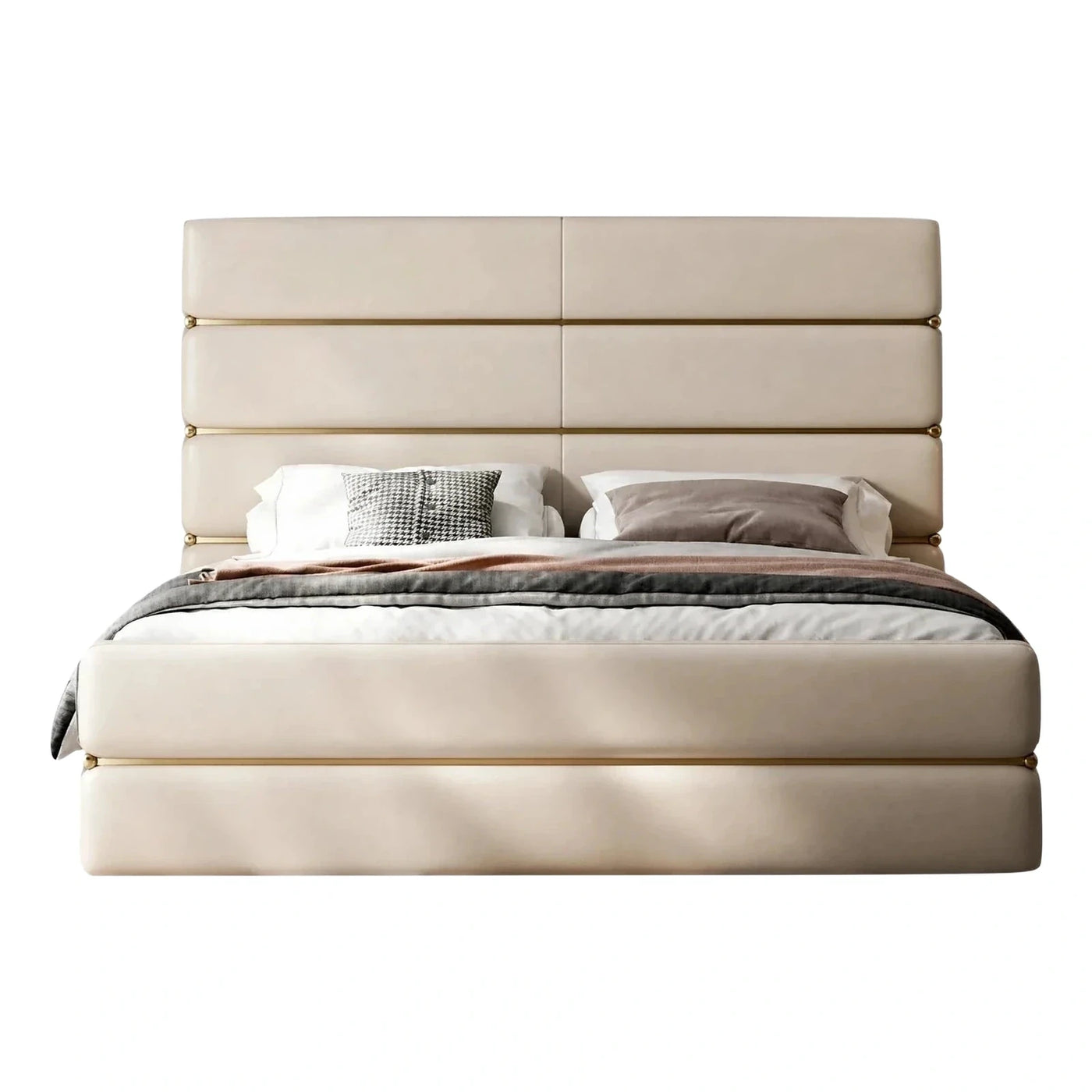 Modern Cream Upholstered Bed with Gold Metal Accents