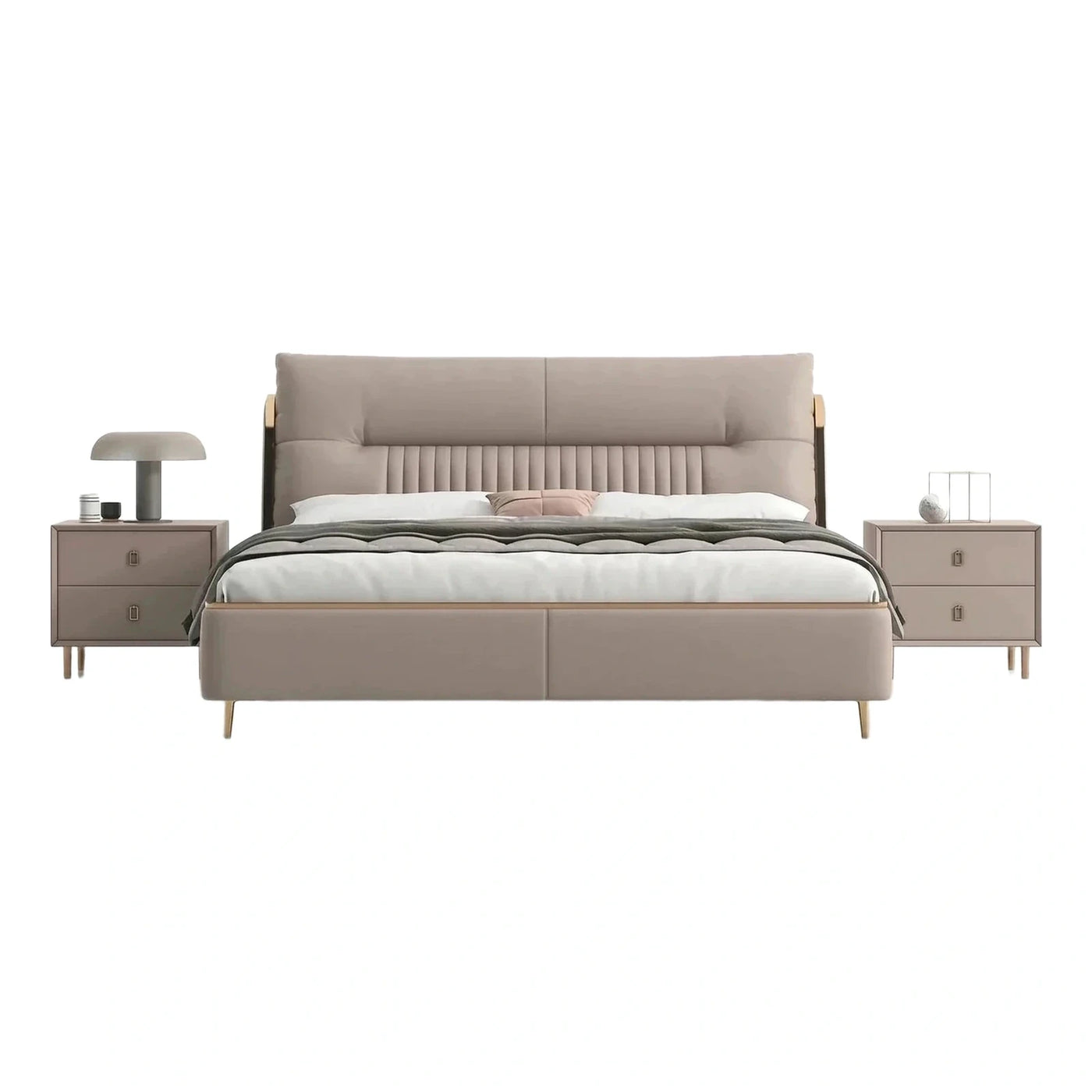 Modern Beige Upholstered Bed with Gold Metal Accents