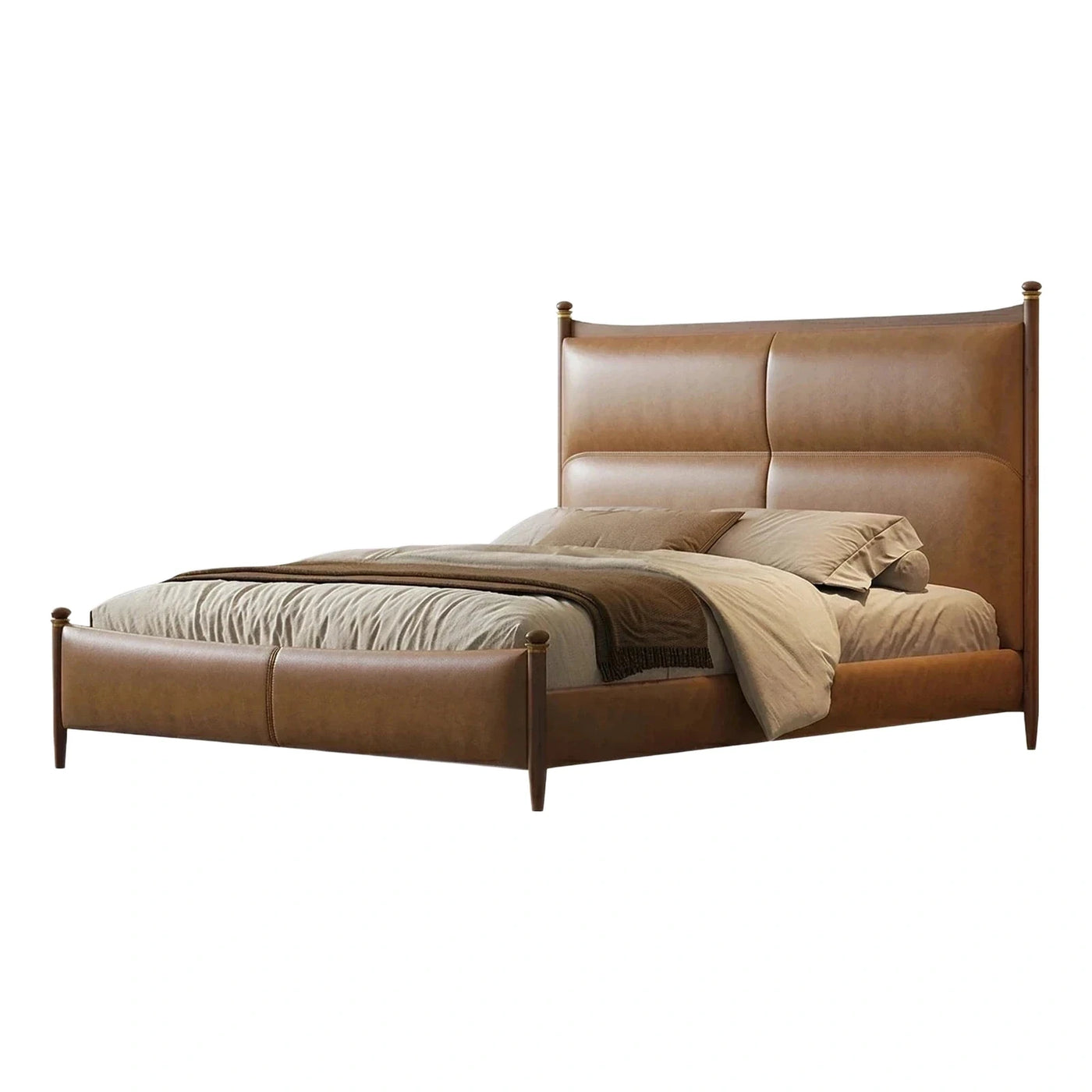 Brown Leather Upholstered Platform Bed with Tall Headboard