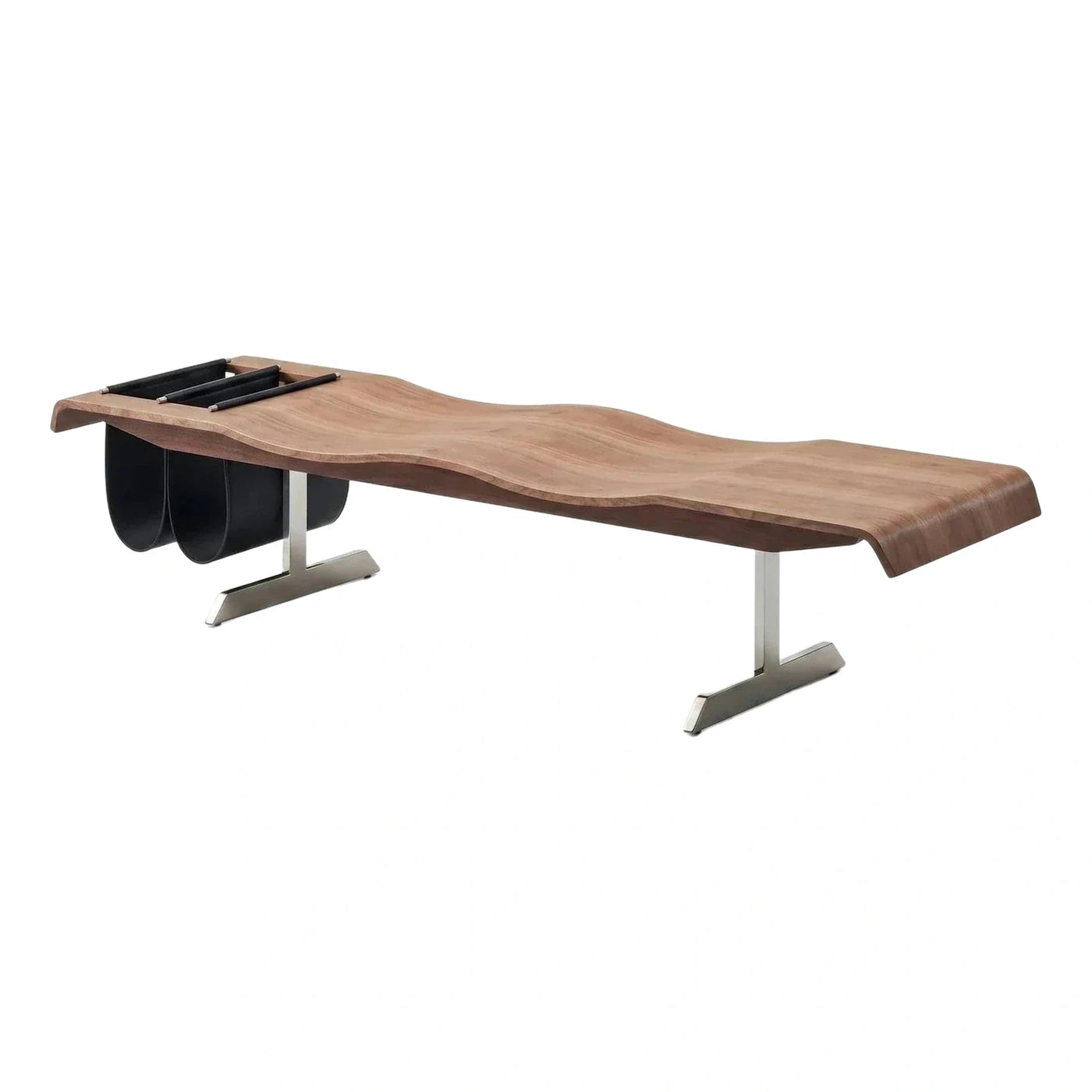 Sculptural Walnut Wood Bench with Black Leather Storage